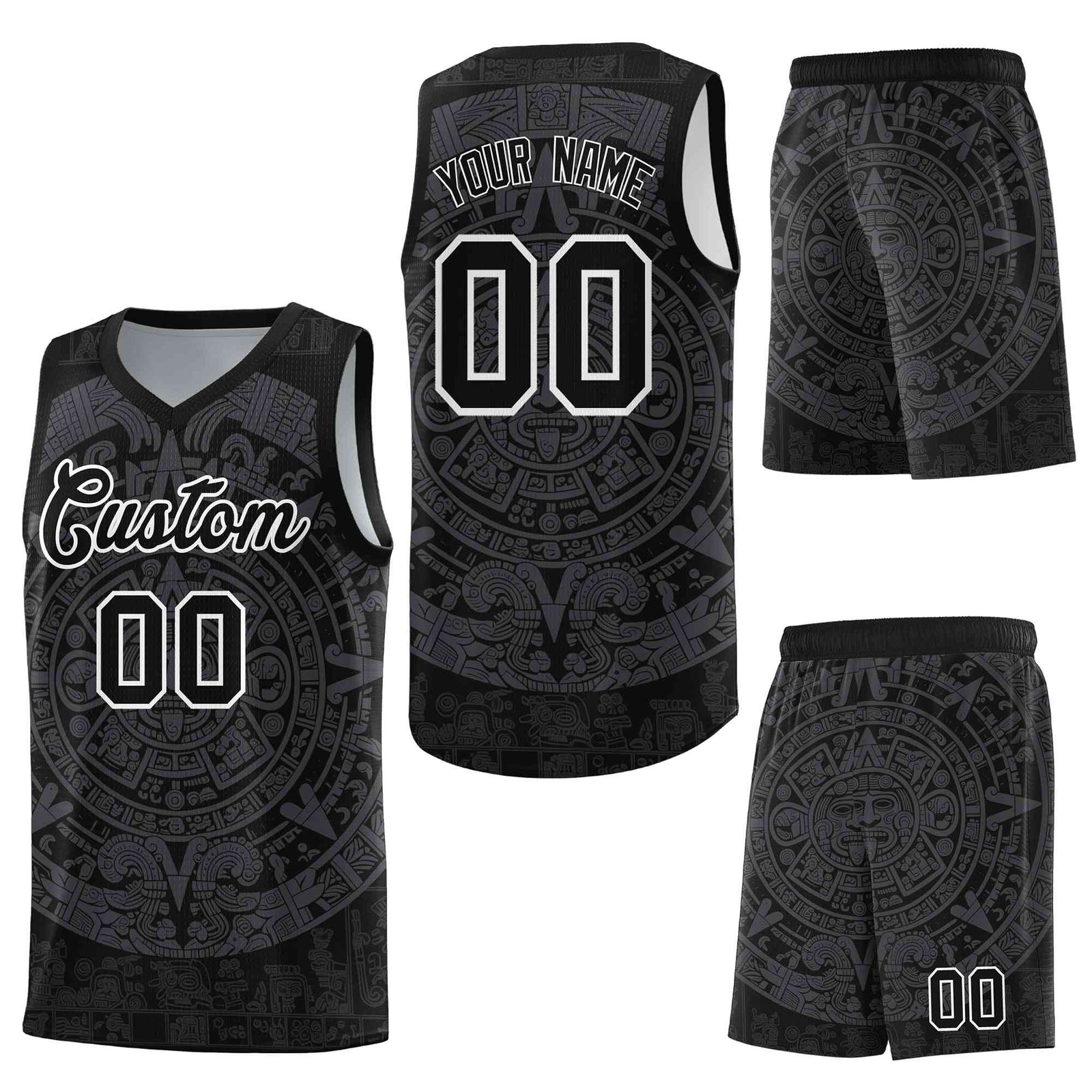 Custom Black Gray Aztec Sun Stone Graffiti Pattern Wrinkle-Resistant Uniform Basketball Jersey