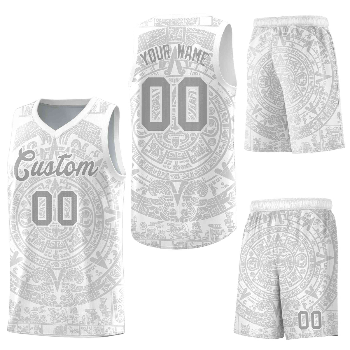 Custom White Gray Aztec Sun Stone Graffiti Pattern Drapable Uniform Basketball Jersey