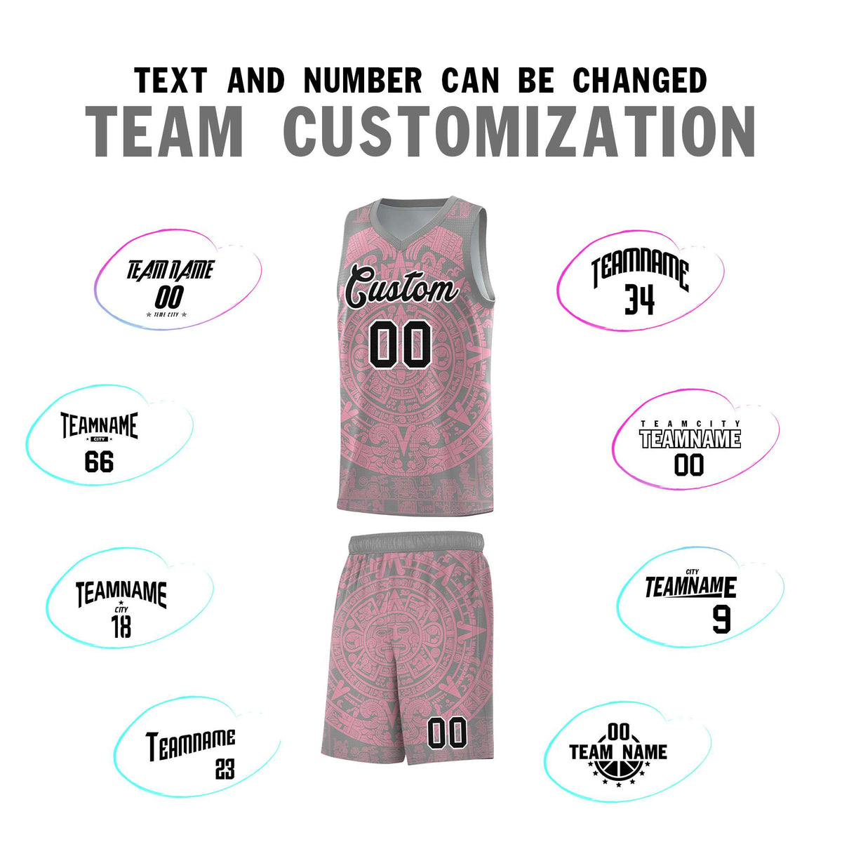 Custom Youth Basketball Jerseys Light Pink Aztec Sun Stone Pattern Custom Team Set