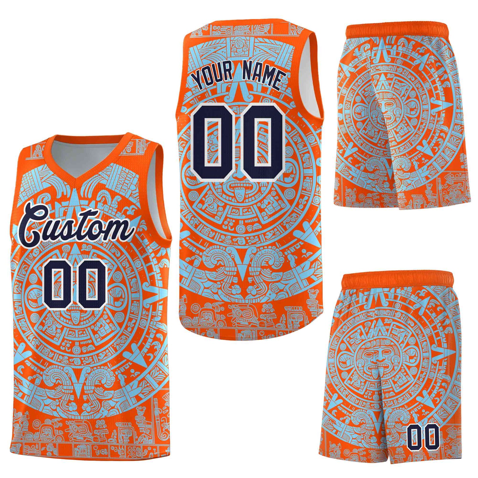 Custom Orange Light Blue Aztec Sun Stone Graffiti Pattern Quick-Drying Uniform Basketball Jersey
