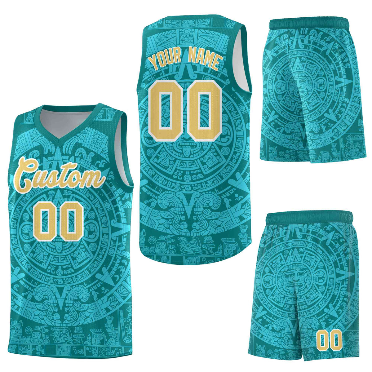 Custom Teal Aqua Aztec Sun Stone Graffiti Pattern Lightweight Uniform Basketball Jersey