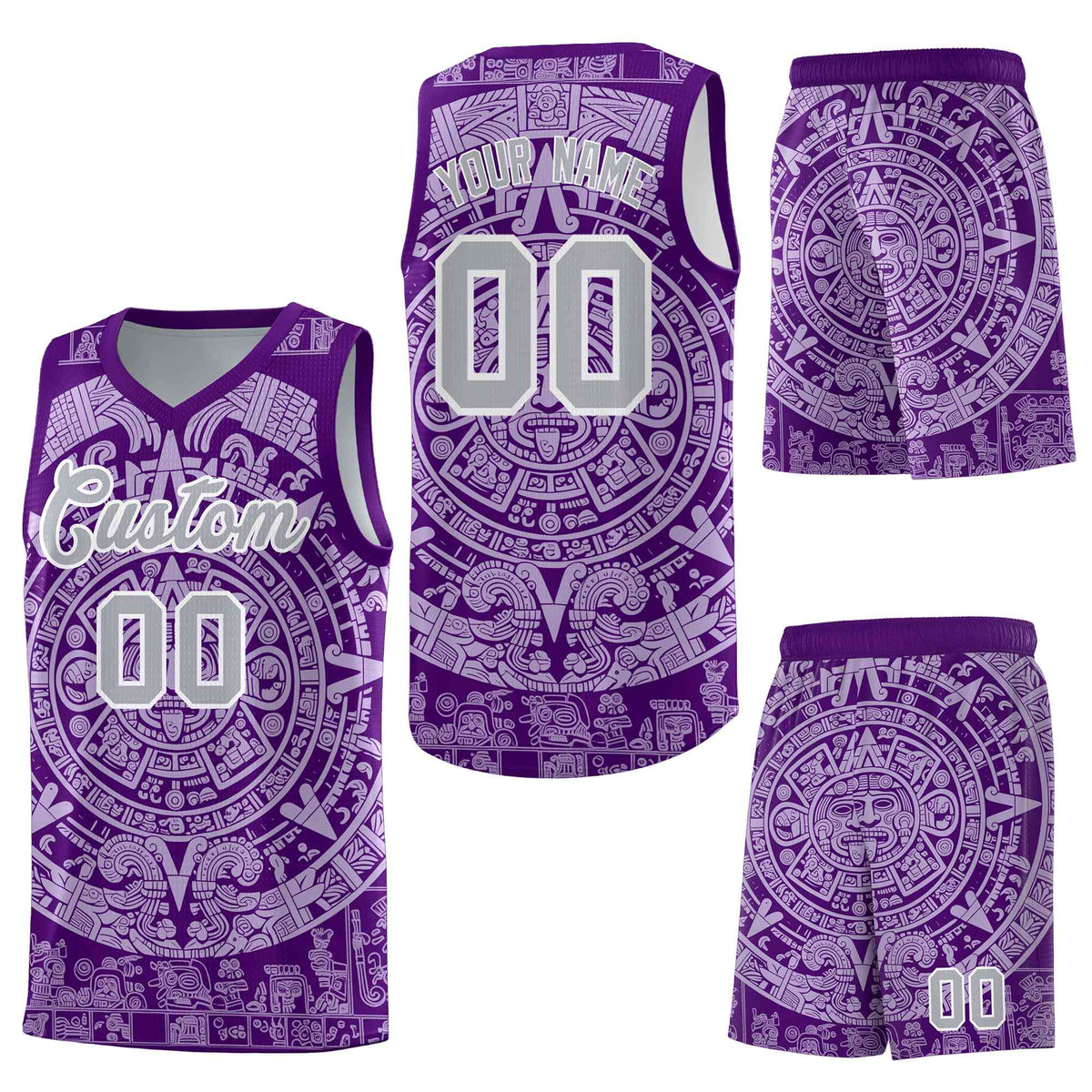 Custom Purple Light Purple Aztec Sun Stone Graffiti Pattern Wrinkle-Resistant Uniform Basketball Jersey