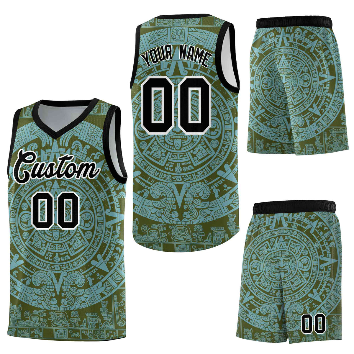 Custom Olive Sky Blue Aztec Sun Stone Graffiti Pattern Breathable Uniform Basketball Jersey