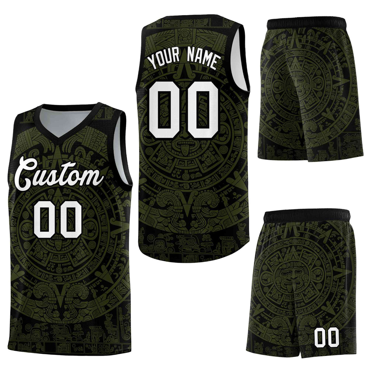 Custom Black Olive Aztec Sun Stone Graffiti Pattern Quick-Drying Uniform Basketball Jersey