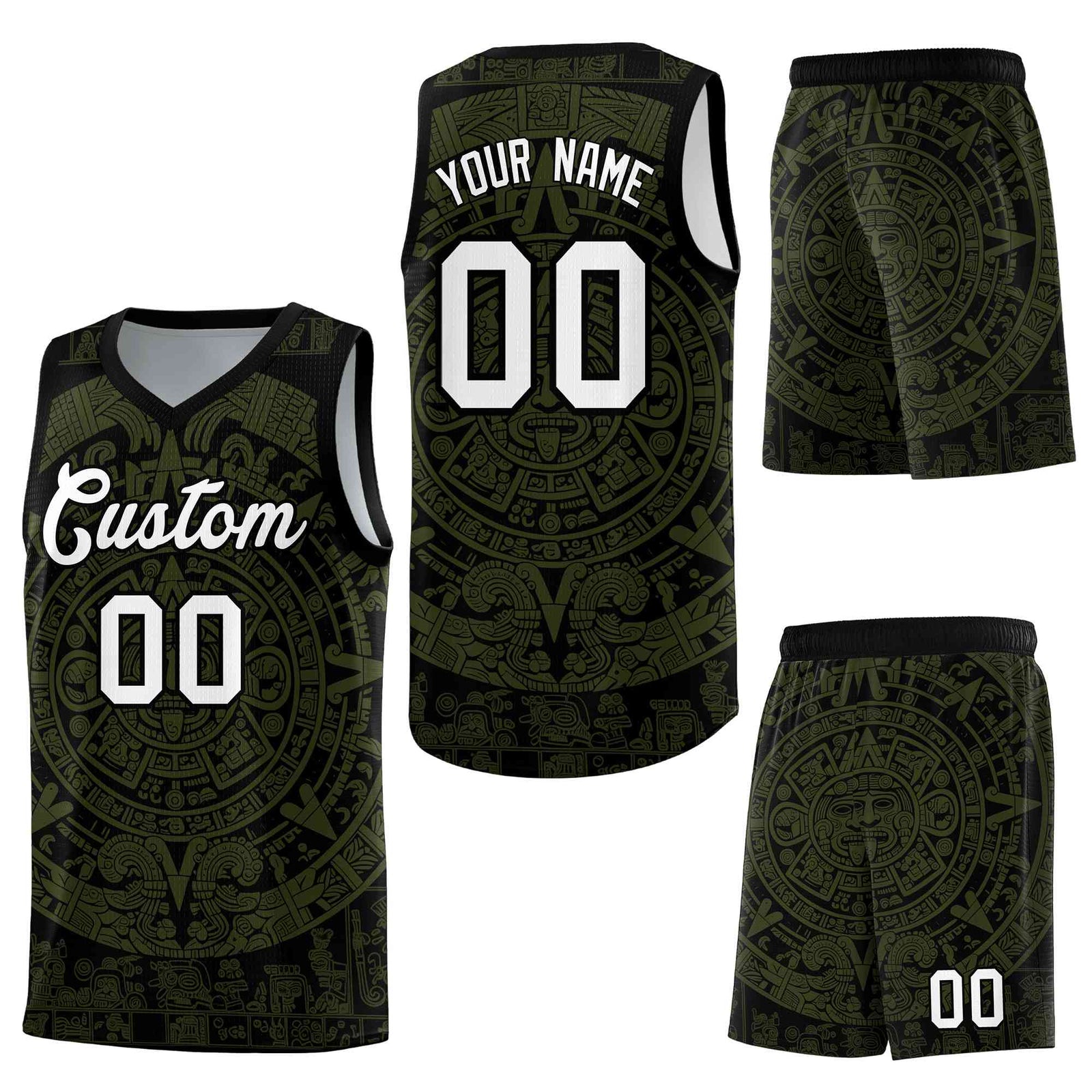 Custom Black Olive Aztec Sun Stone Graffiti Pattern Quick-Drying Uniform Basketball Jersey