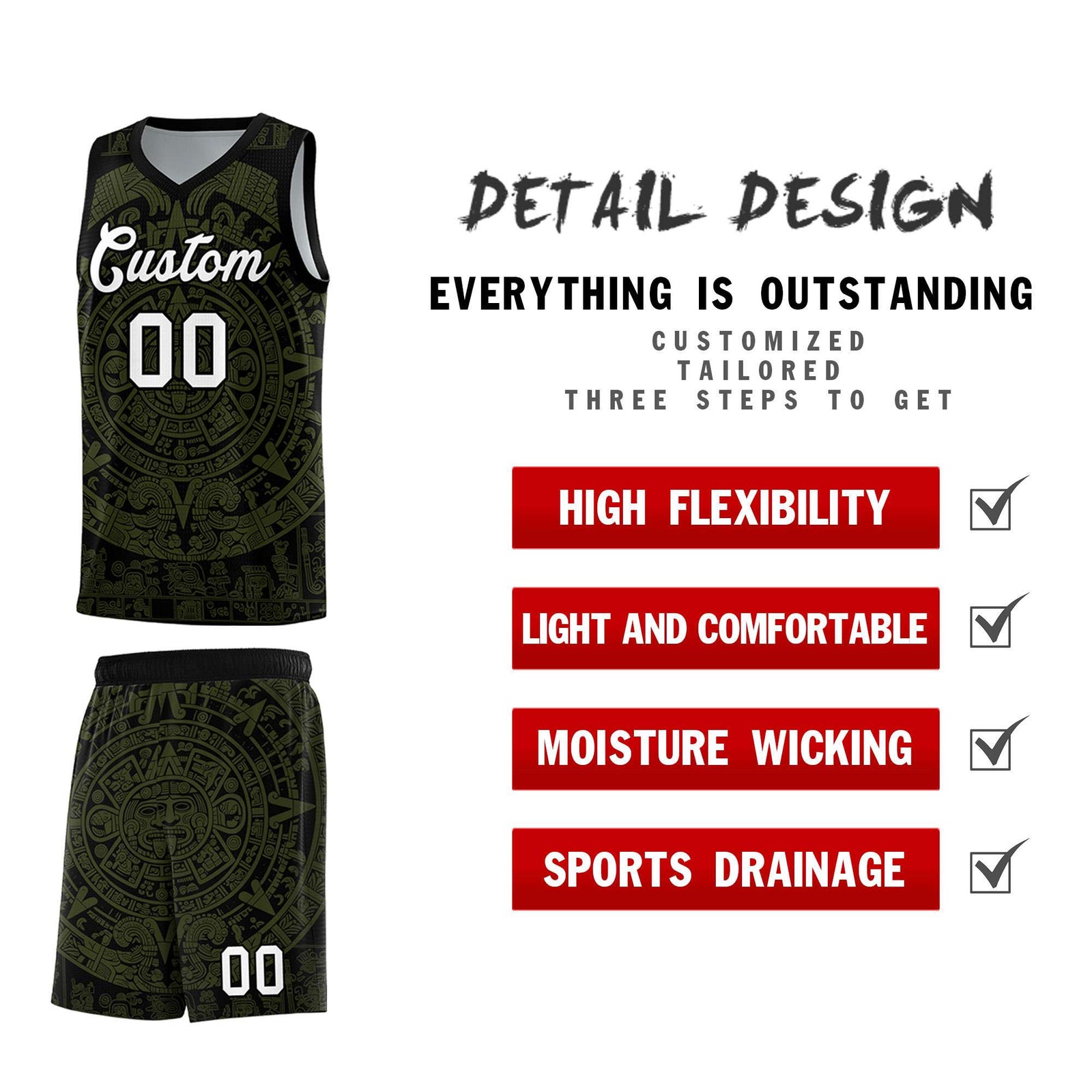 Custom Youth Basketball Jerseys Olive Aztec Sun Stone Pattern Custom Team Set