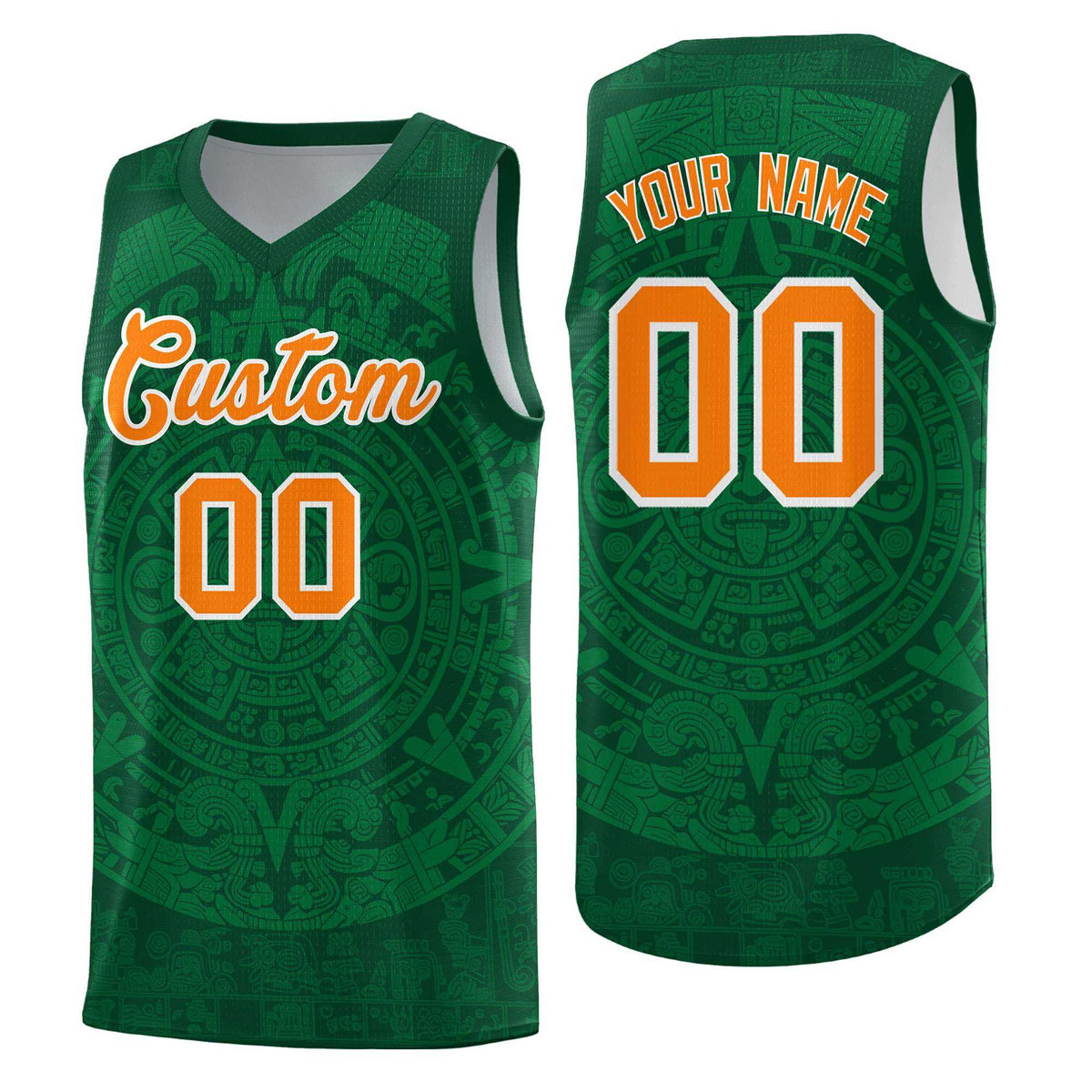Custom Youth Basketball Jerseys Kelly Green Aztec Sun Stone Personalized Uniform