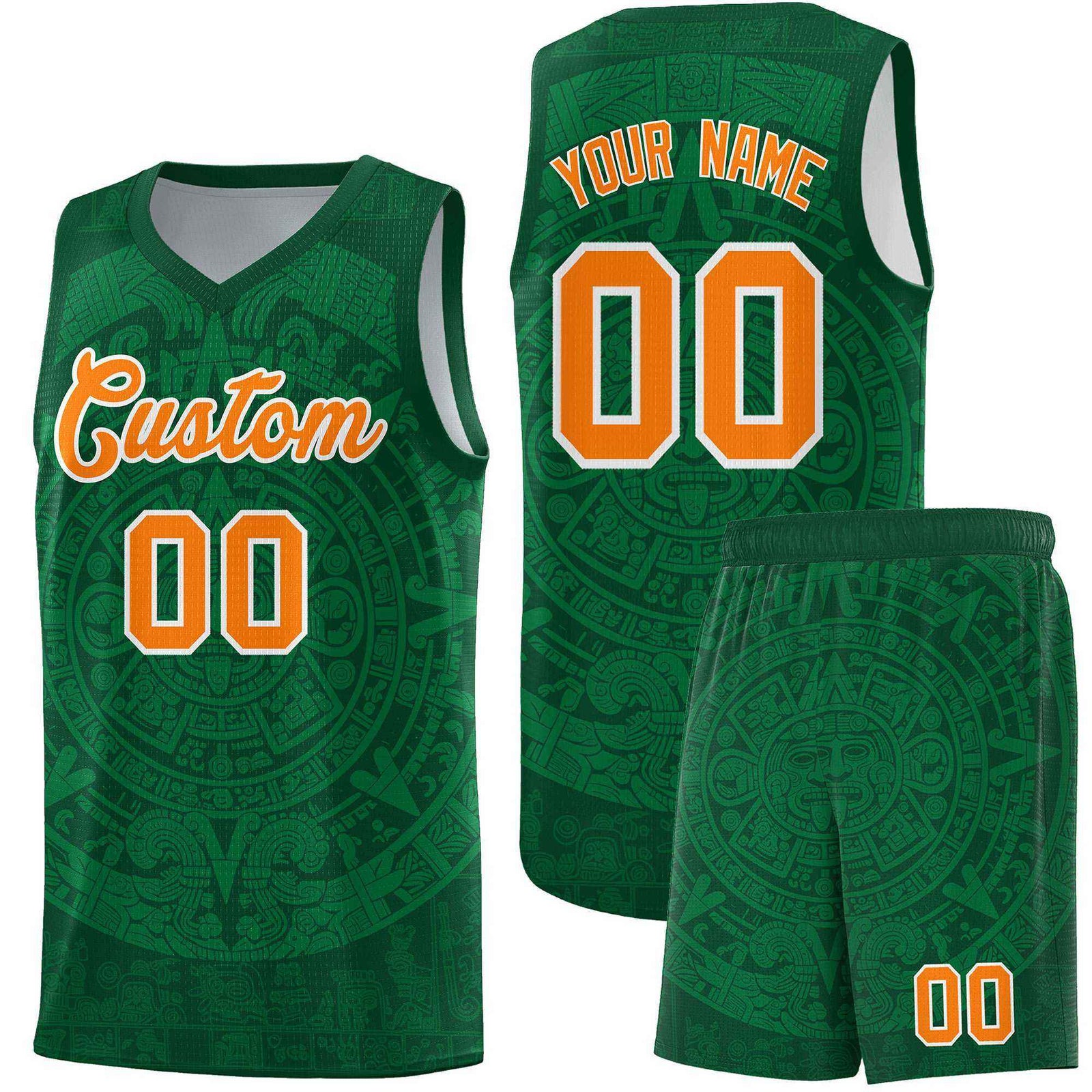 Custom Youth Basketball Jerseys Kelly Green Aztec Sun Stone Personalized Uniform