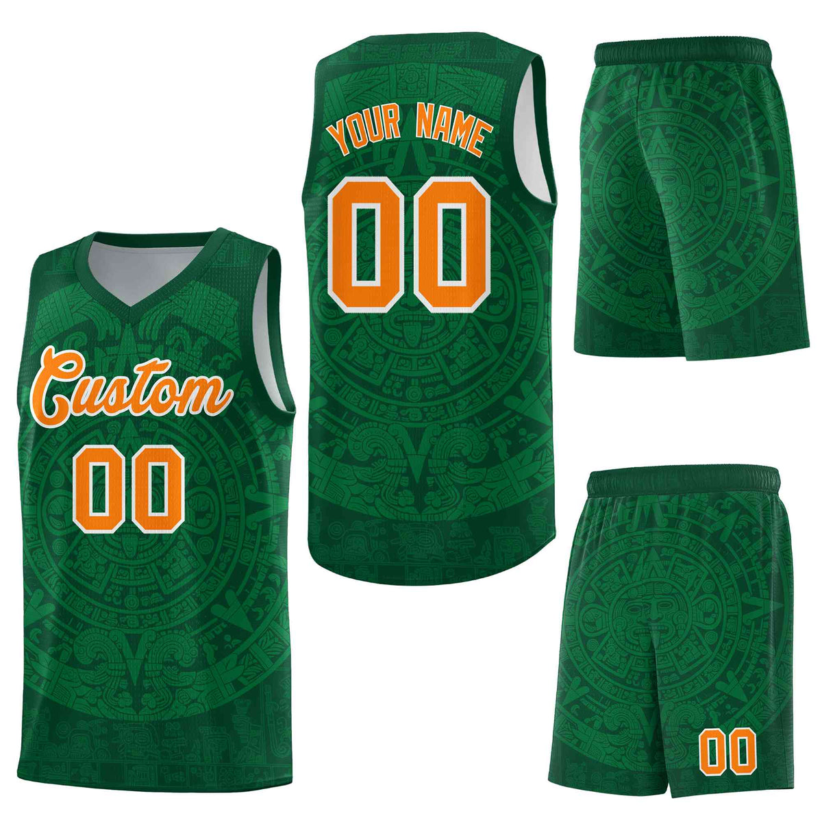 Custom Green Kelly Green Aztec Sun Stone Graffiti Pattern Wrinkle-Resistant Uniform Basketball Jersey