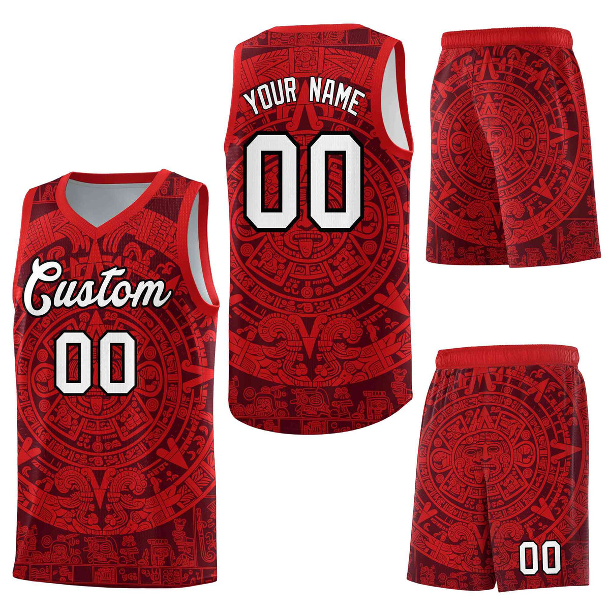 Custom Crimson Red Aztec Sun Stone Graffiti Pattern Drapable Uniform Basketball Jersey