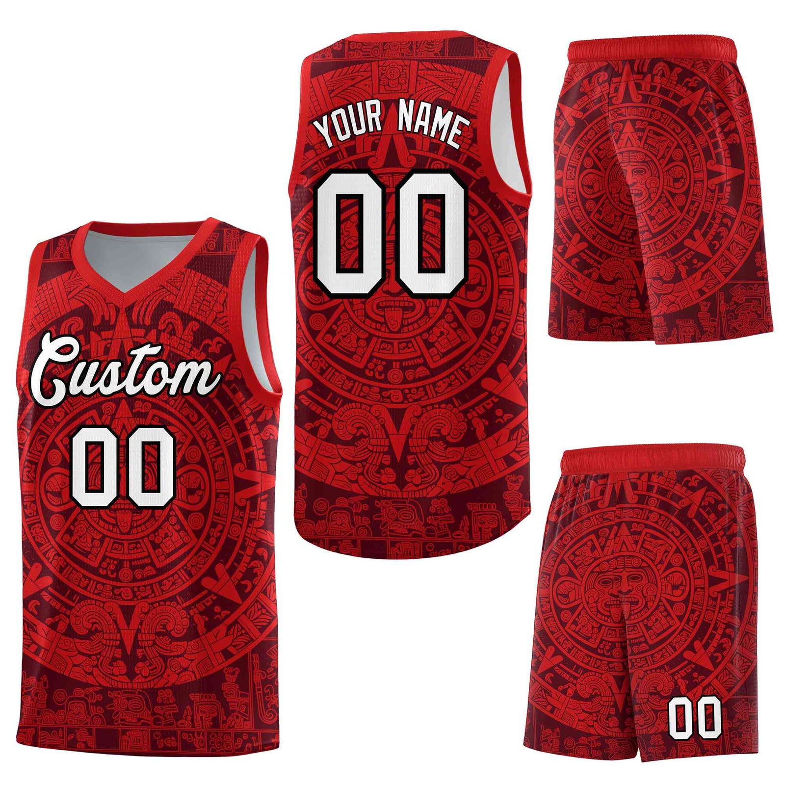 Custom Crimson Red Aztec Sun Stone Graffiti Pattern Drapable Uniform Basketball Jersey