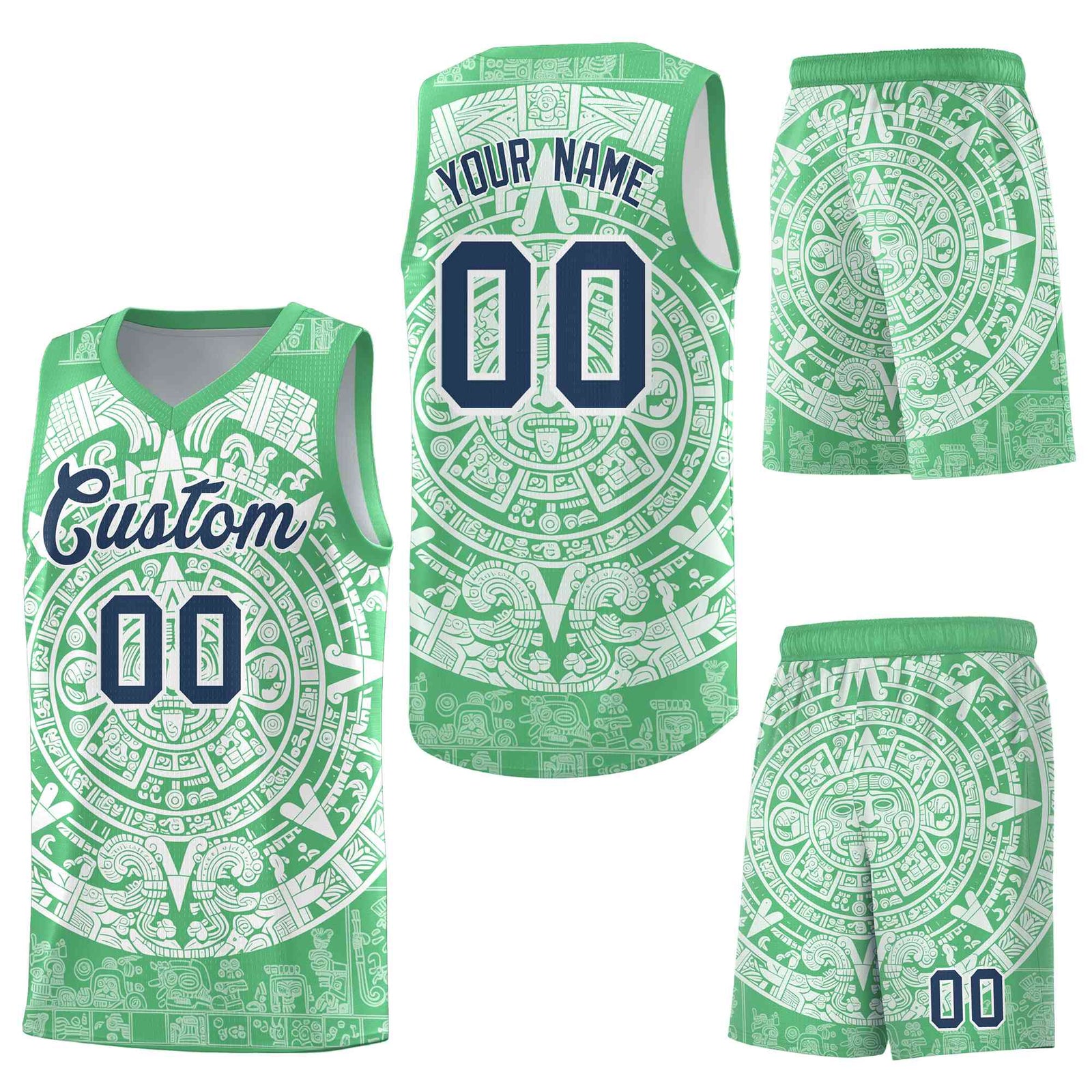 Custom Green White Aztec Sun Stone Graffiti Pattern Breathable Uniform Basketball Jersey