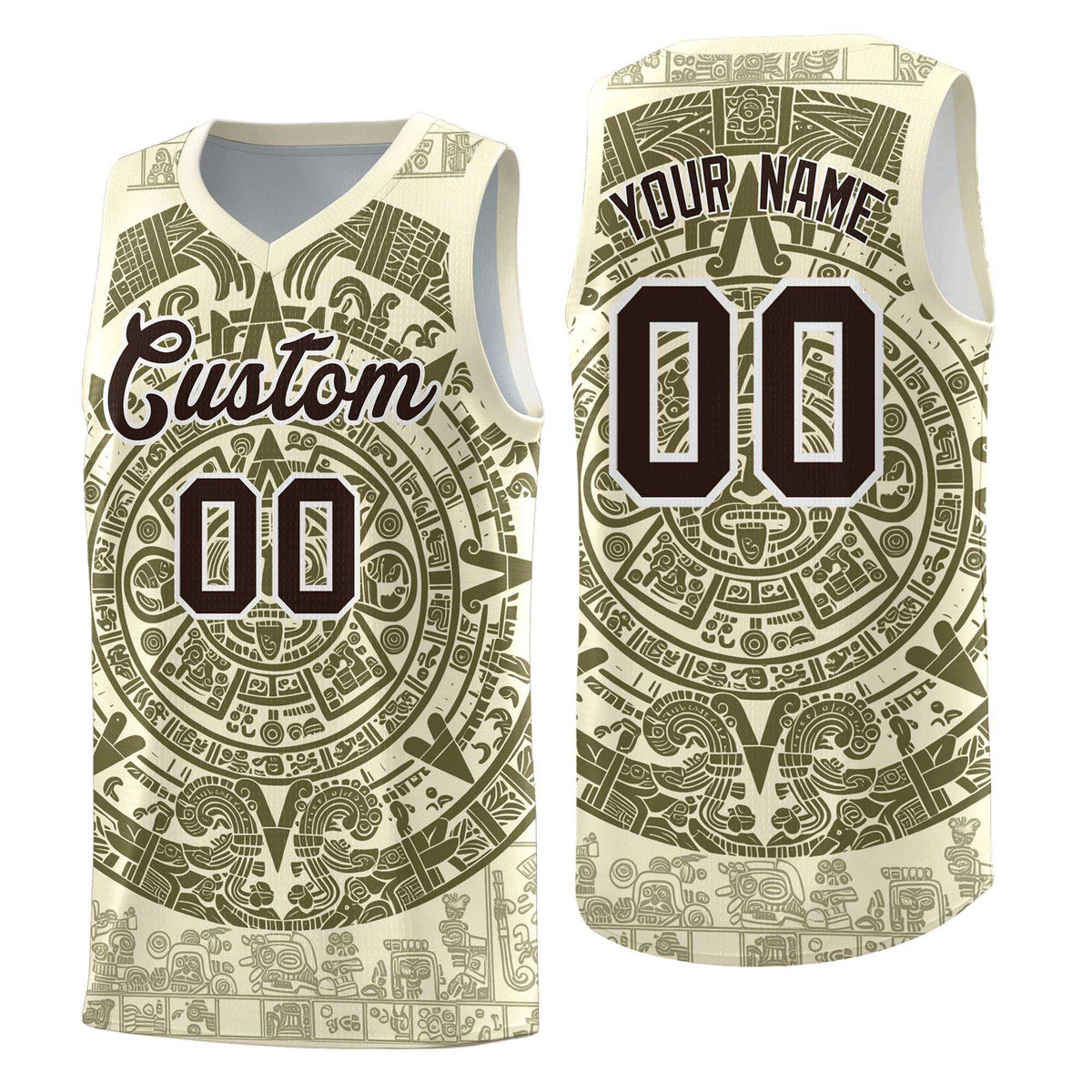 Custom Youth Basketball Jerseys Olive Aztec Sun Stone Personalized Uniform