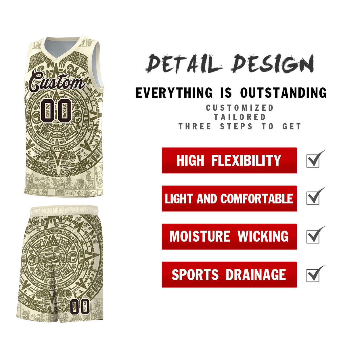 Custom Youth Basketball Jerseys Olive Aztec Sun Stone Personalized Uniform