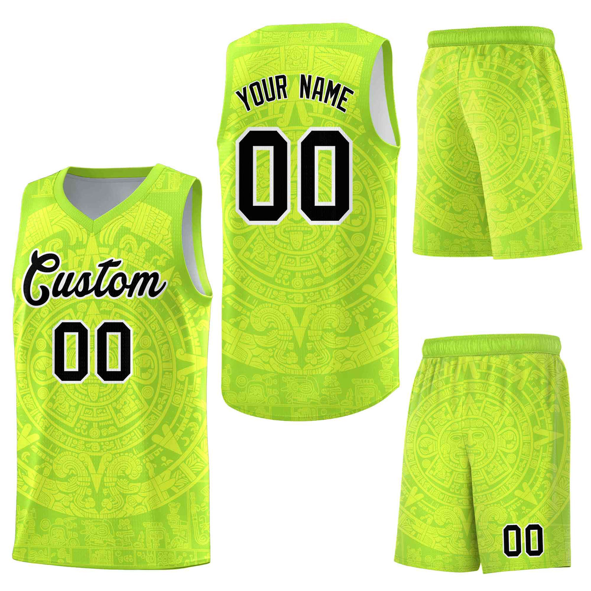 Custom Neon Green Fluorescent Green Aztec Sun Stone Graffiti Pattern Lightweight Uniform Basketball Jersey