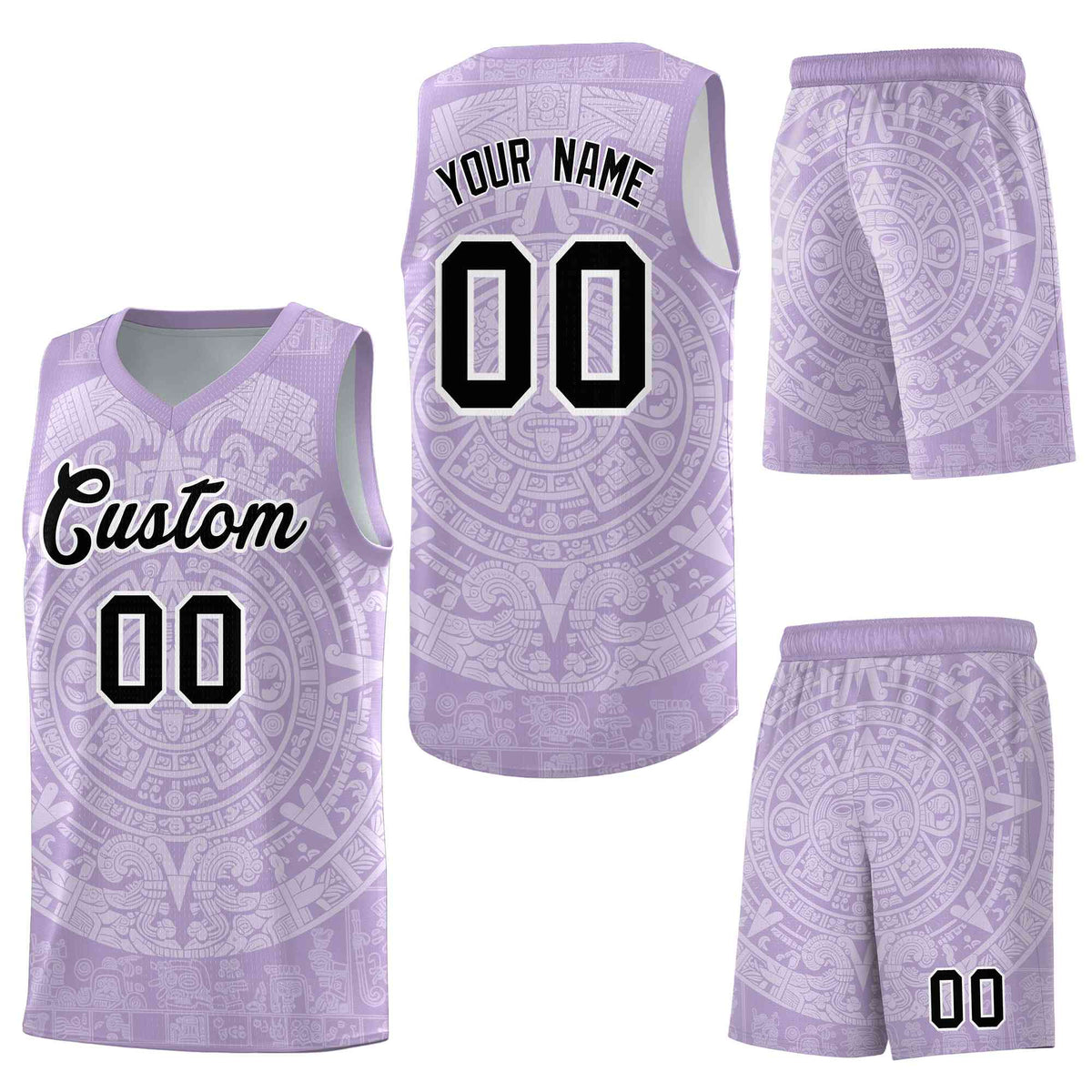 Custom Light Purple White Aztec Sun Stone Graffiti Pattern Drapable Uniform Basketball Jersey