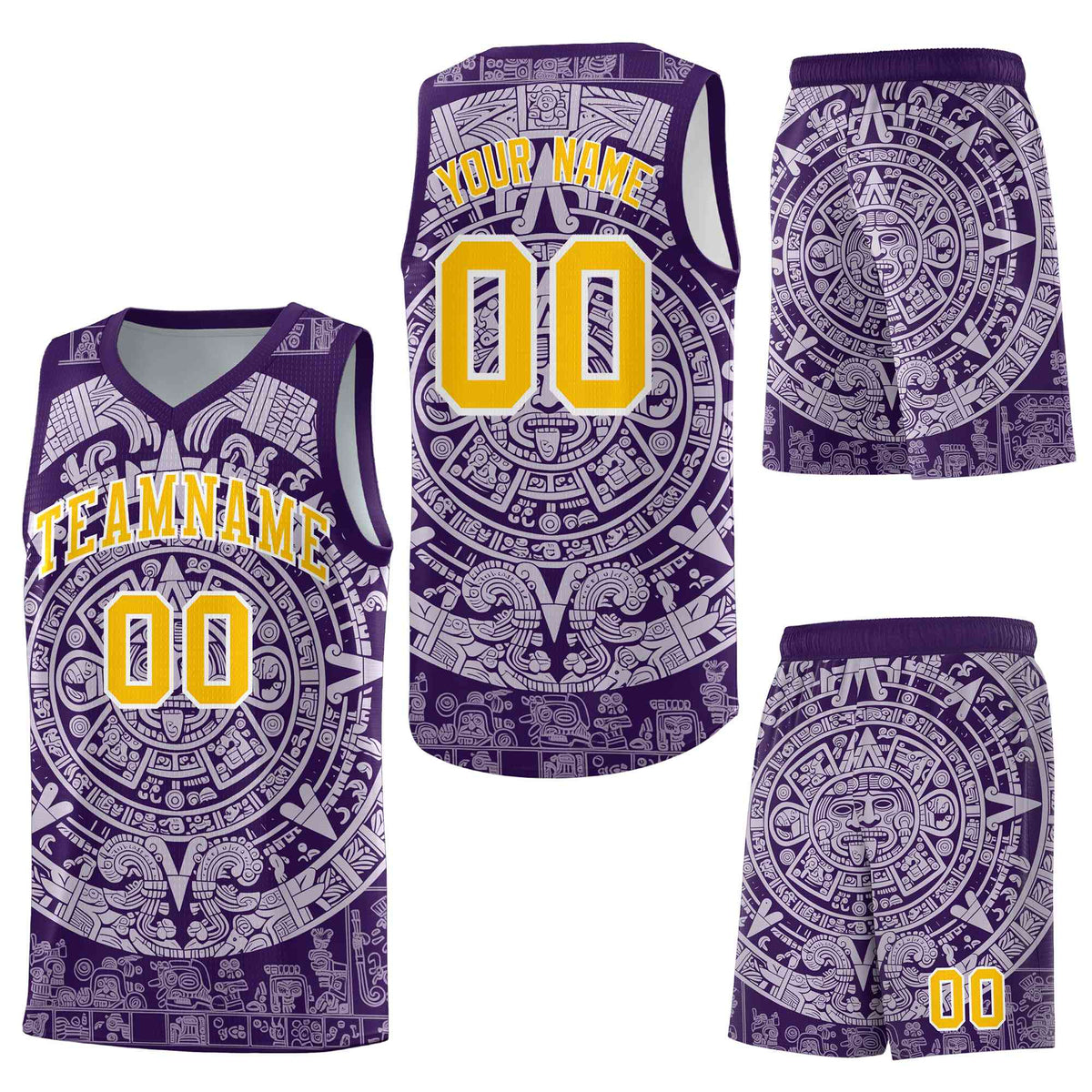 Custom Purple Light Purple Aztec Sun Stone Graffiti Pattern Quick-Drying Uniform Basketball Jersey