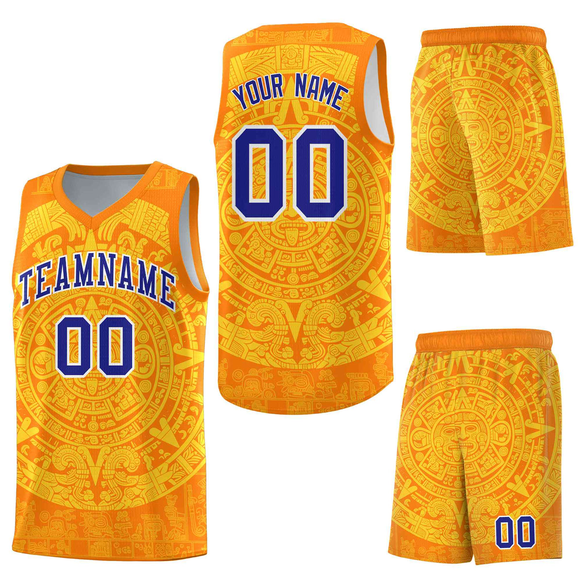 Custom Orange Gold Aztec Sun Stone Graffiti Pattern Lightweight Uniform Basketball Jersey