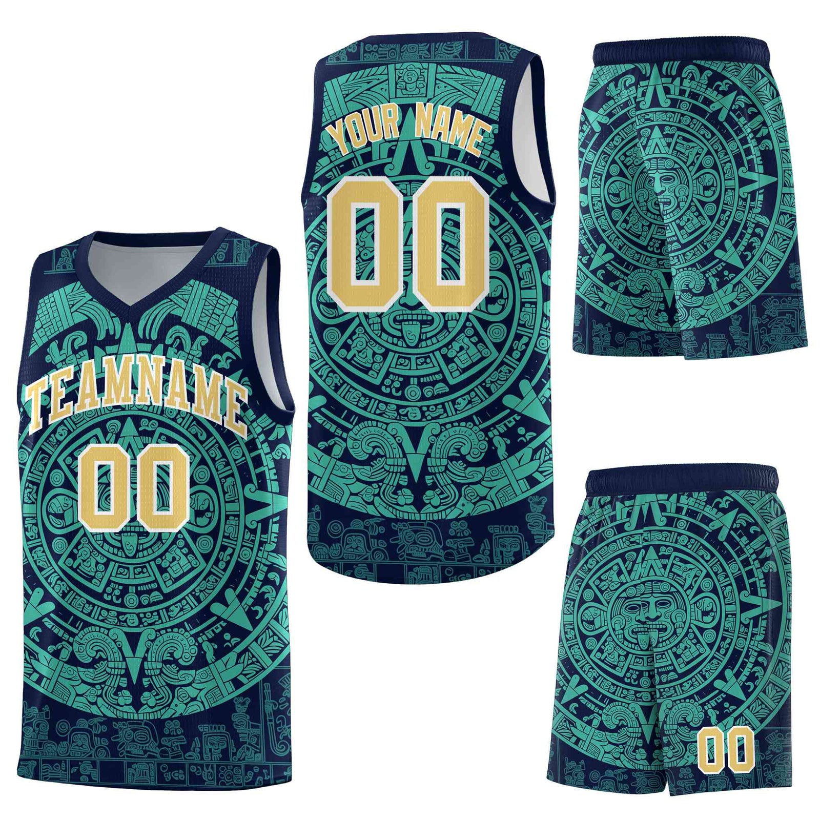 Custom Navy Aqua Aztec Sun Stone Graffiti Pattern Wrinkle-Resistant Uniform Basketball Jersey