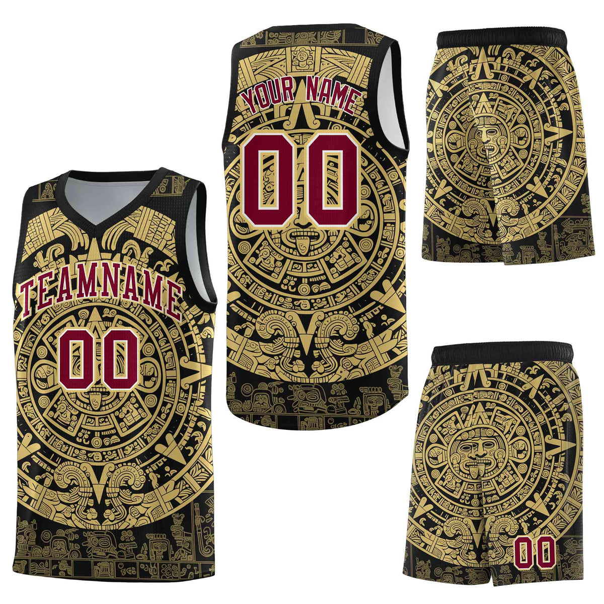 Custom Black Old Gold Aztec Sun Stone Graffiti Pattern Lightweight Uniform Basketball Jersey