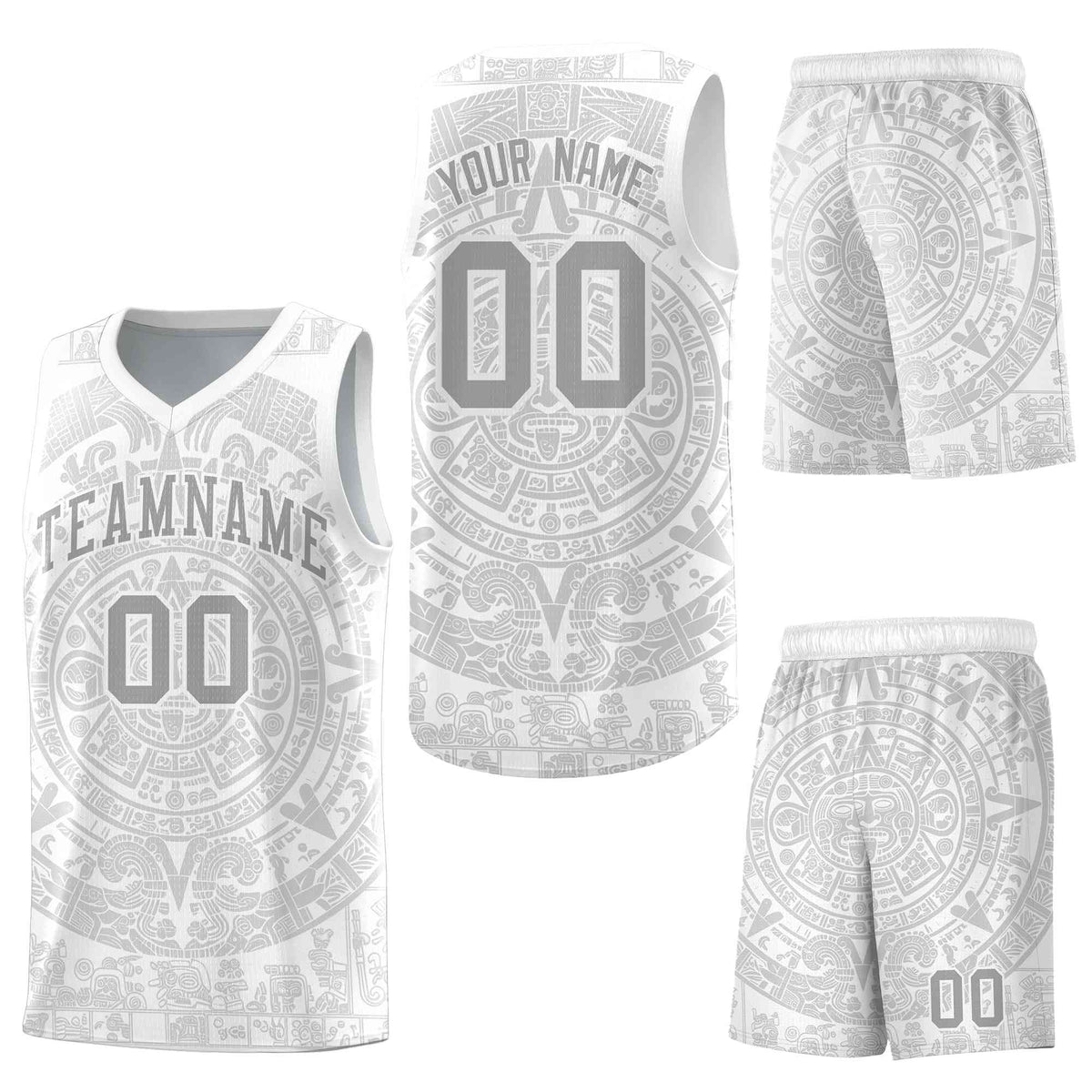 Custom White Gray Aztec Sun Stone Graffiti Pattern Drapable Uniform Basketball Jersey