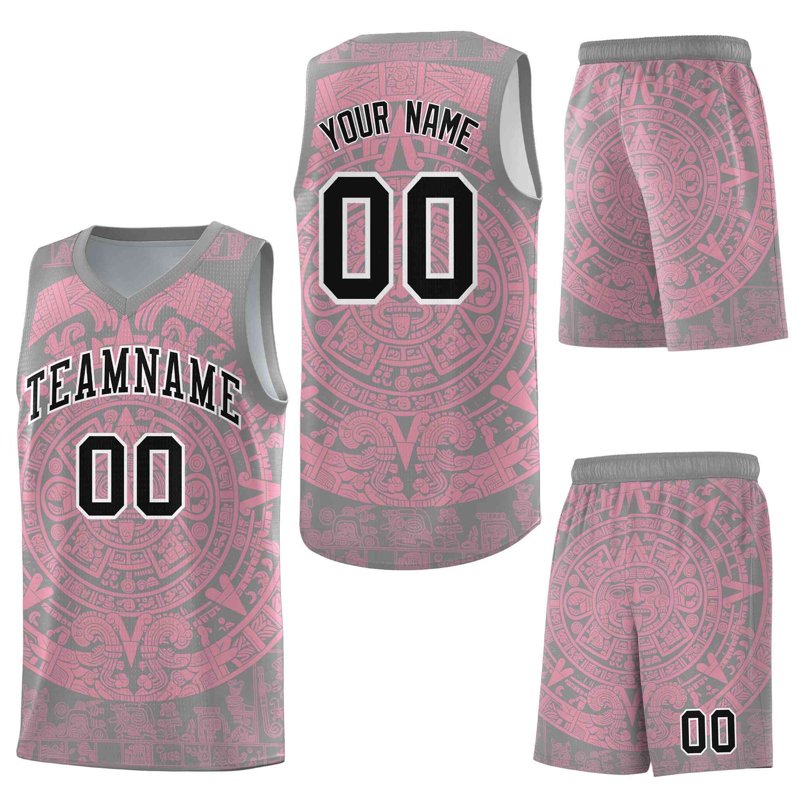 Custom Gray Light Pink Aztec Sun Stone Graffiti Pattern Breathable Uniform Basketball Jersey