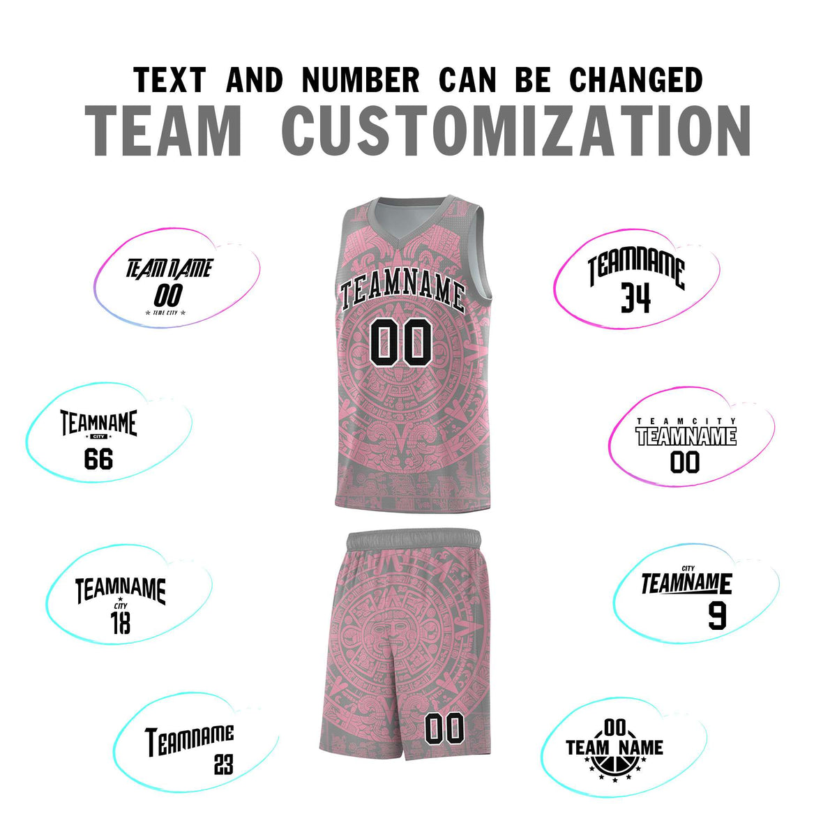 Custom Youth Basketball Jerseys Light Pink Aztec Sun Stone Pattern Custom Team Set
