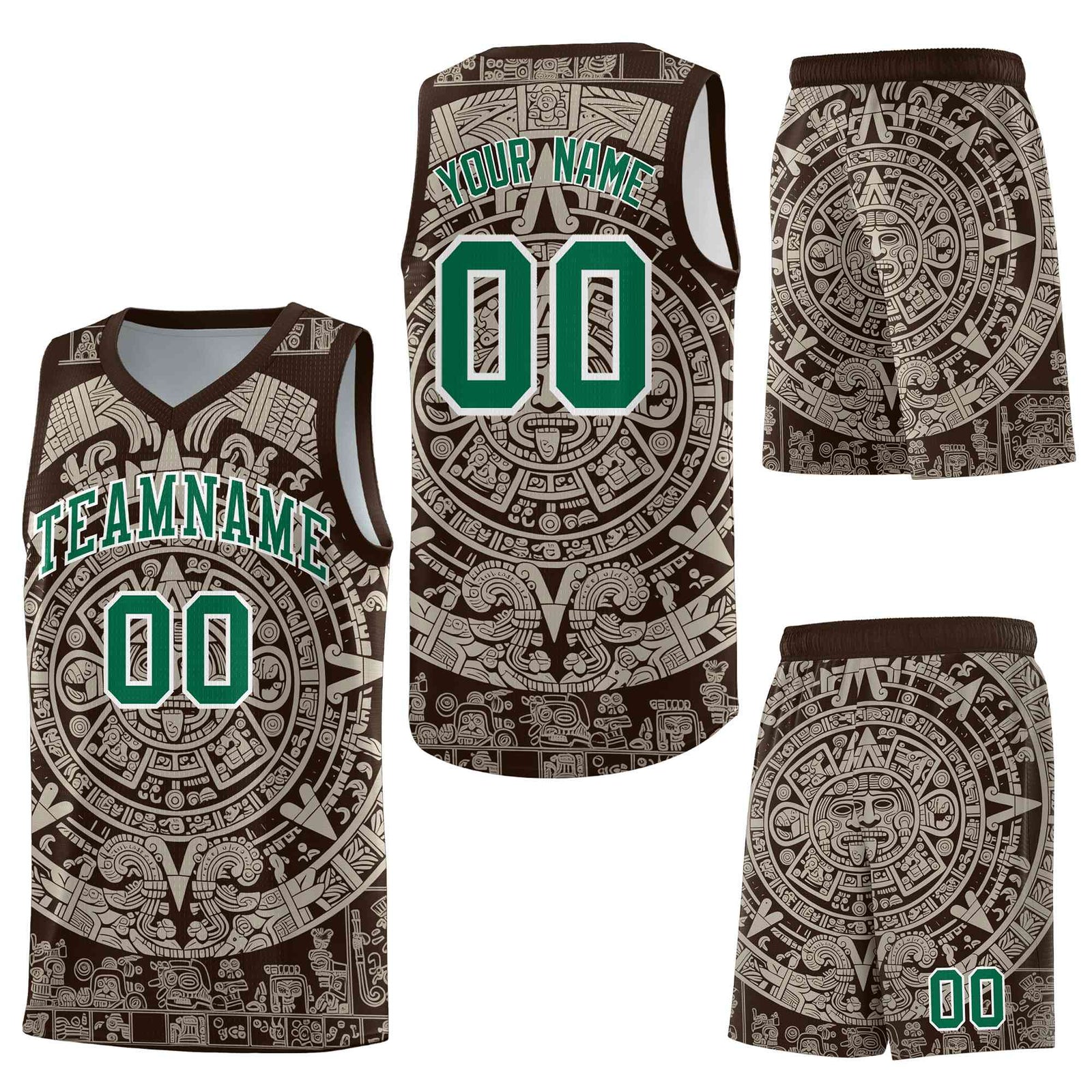 Custom Brown Light Khaki Aztec Sun Stone Graffiti Pattern Drapable Uniform Basketball Jersey