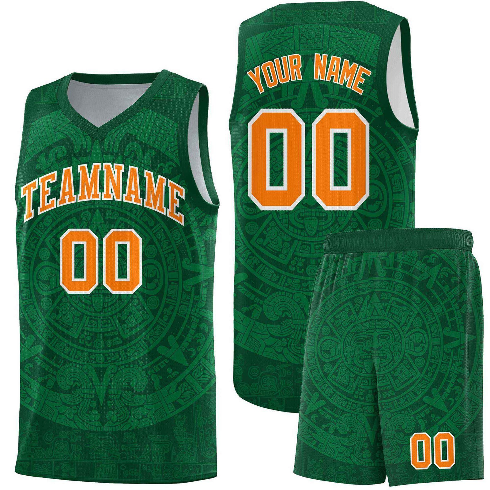 Custom Youth Basketball Jerseys Kelly Green Aztec Sun Stone Personalized Uniform