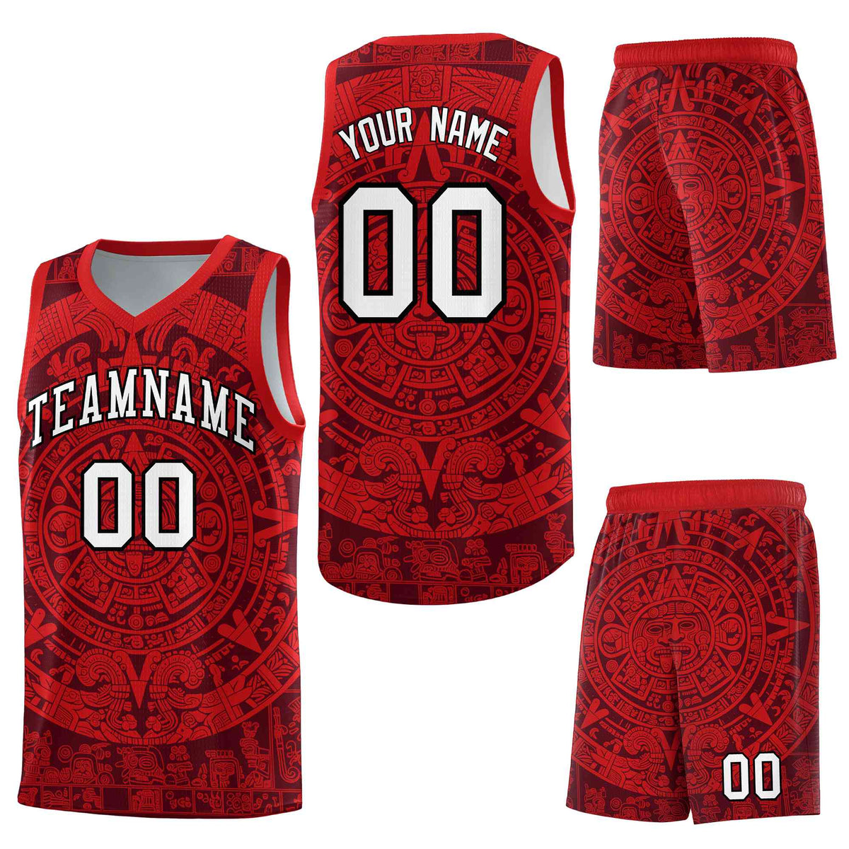 Custom Crimson Red Aztec Sun Stone Graffiti Pattern Drapable Uniform Basketball Jersey