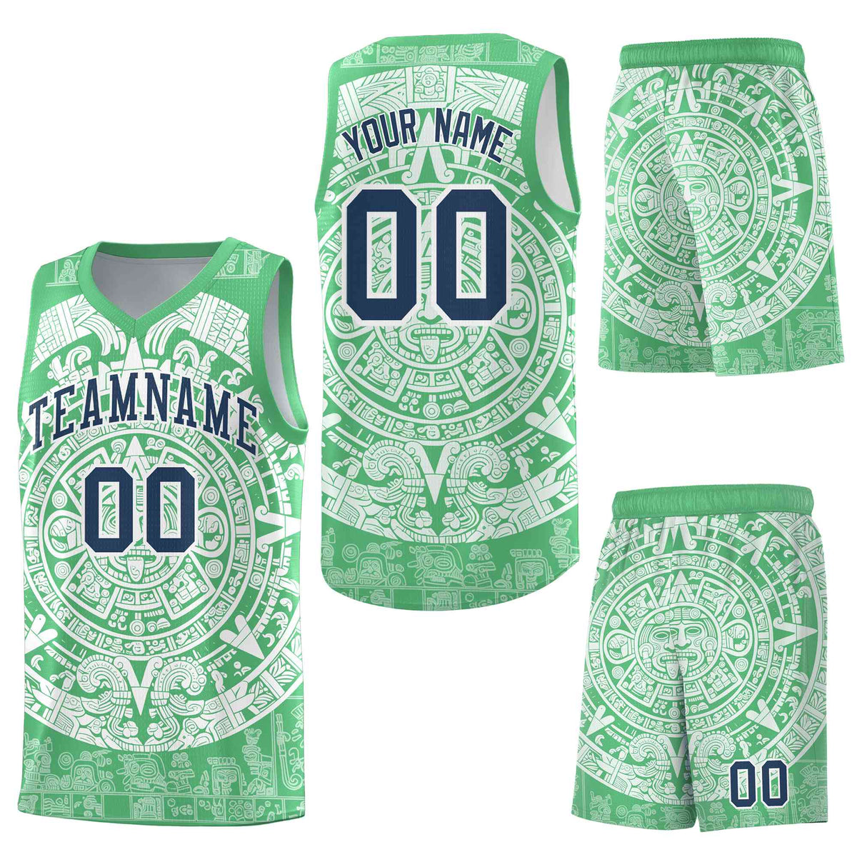 Custom Green White Aztec Sun Stone Graffiti Pattern Breathable Uniform Basketball Jersey