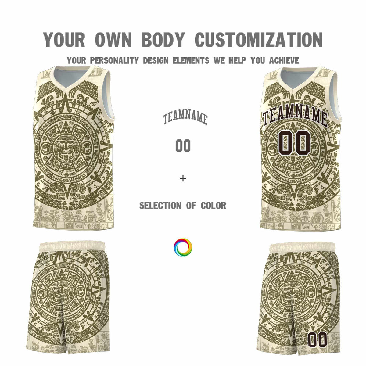 Custom Youth Basketball Jerseys Olive Aztec Sun Stone Personalized Uniform