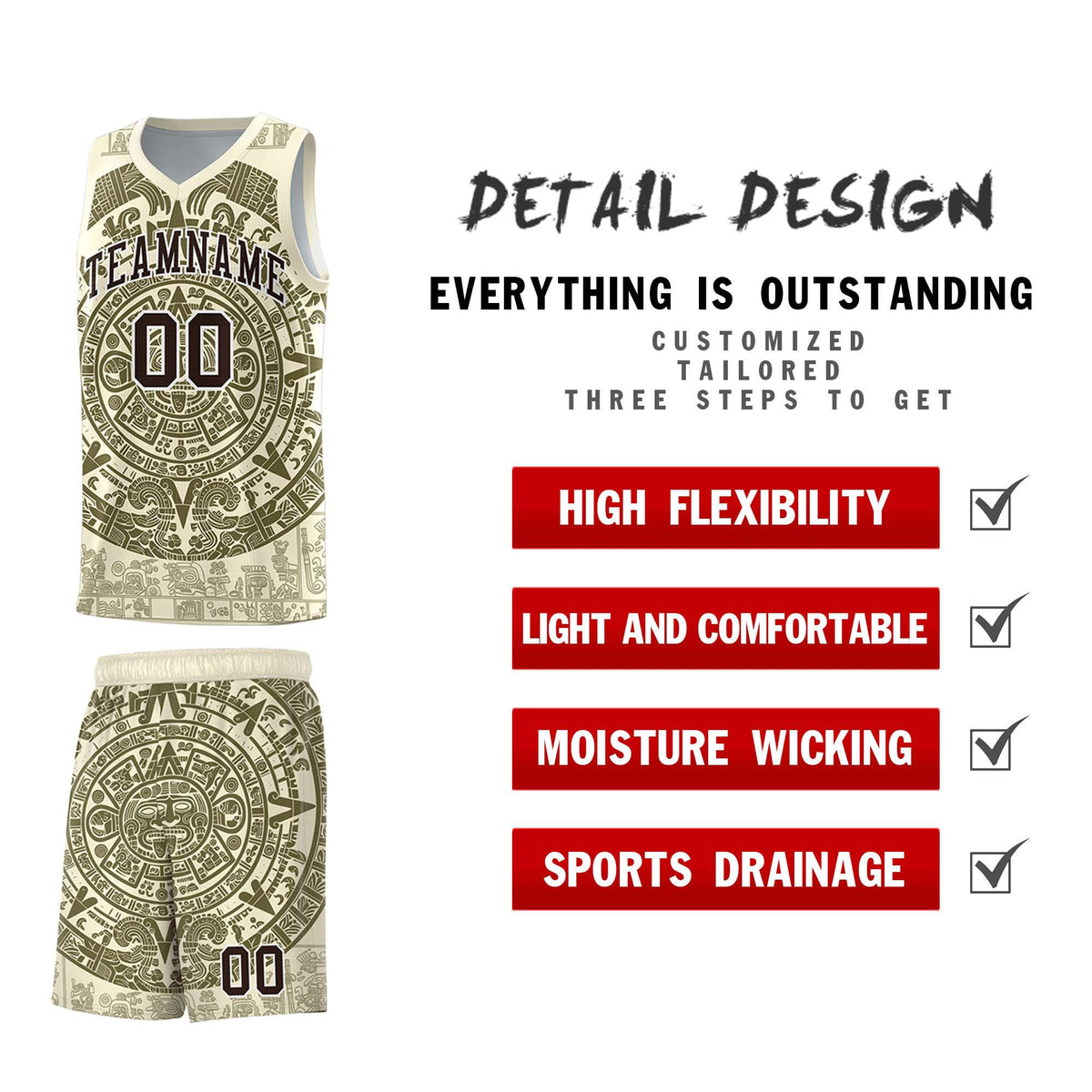 Custom Youth Basketball Jerseys Olive Aztec Sun Stone Personalized Uniform