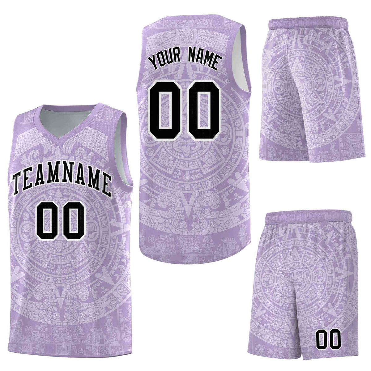 Custom Light Purple White Aztec Sun Stone Graffiti Pattern Drapable Uniform Basketball Jersey