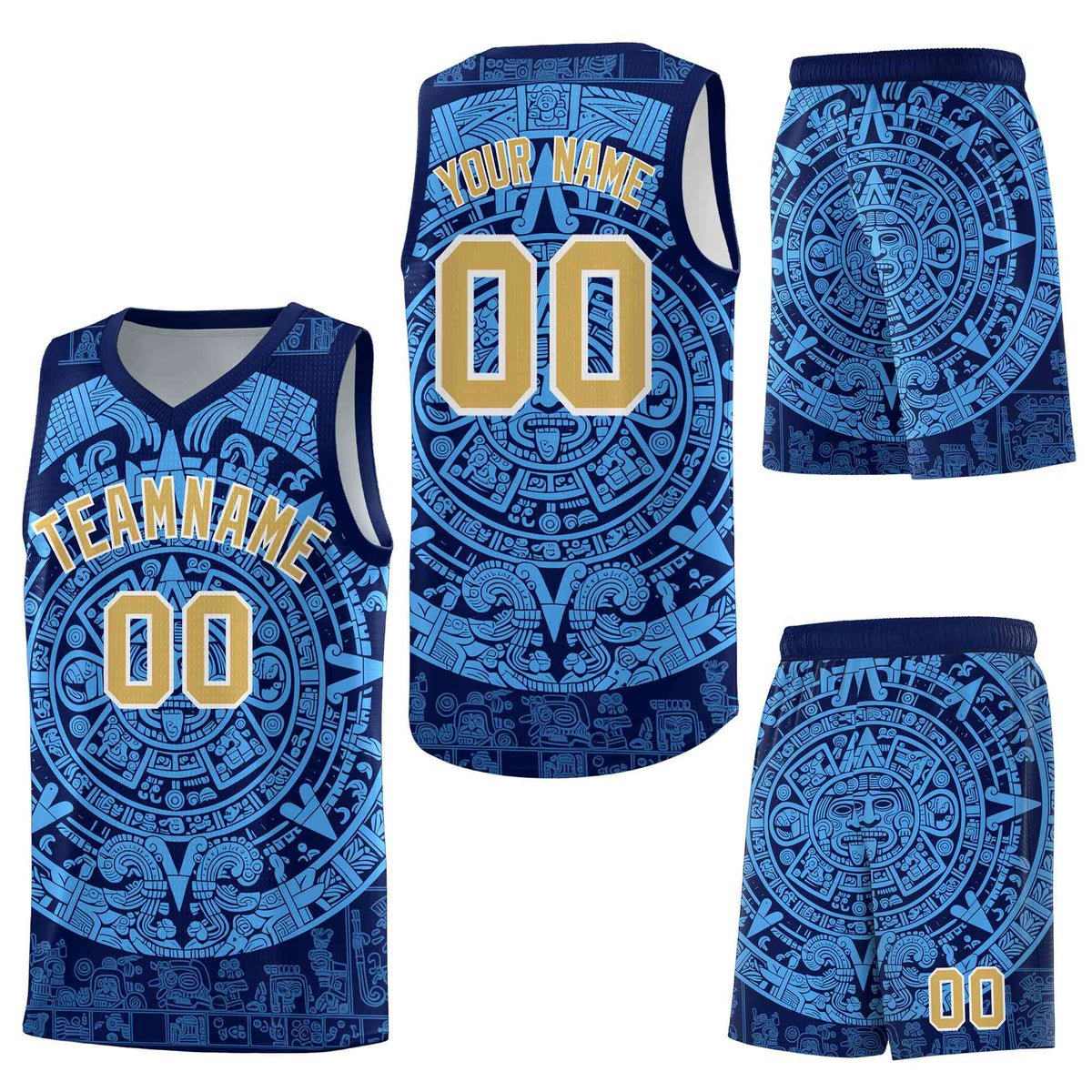 Custom Navy Powder Blue Aztec Sun Stone Graffiti Pattern Breathable Uniform Basketball Jersey