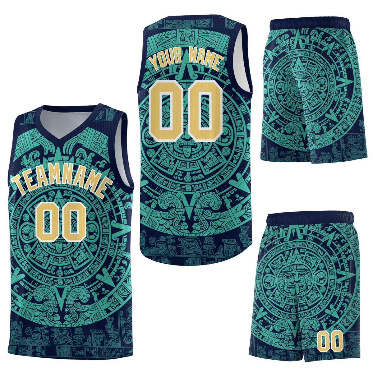 Custom Navy Aqua Aztec Sun Stone Graffiti Pattern Wrinkle-Resistant Uniform Basketball Jersey
