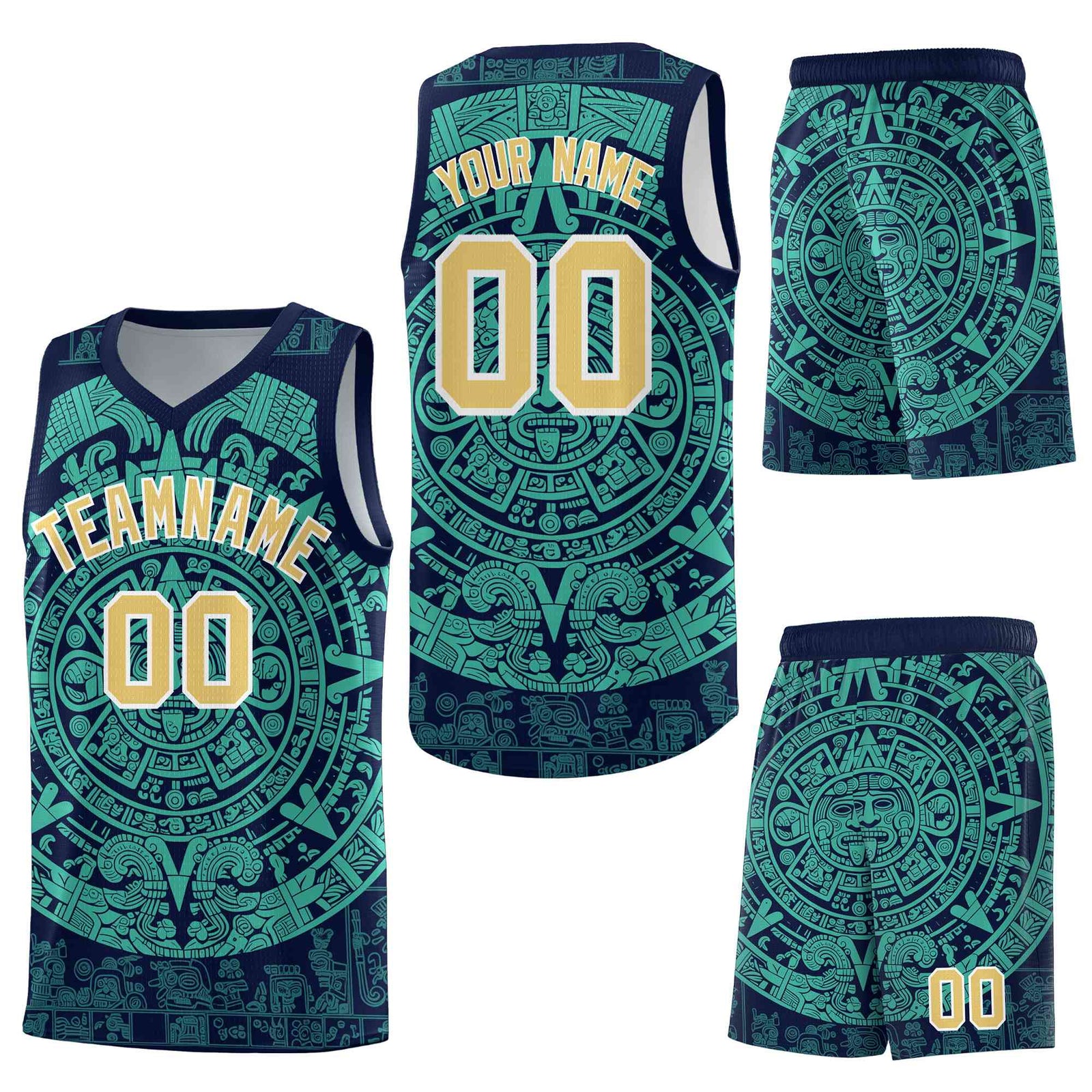Custom Navy Aqua Aztec Sun Stone Graffiti Pattern Wrinkle-Resistant Uniform Basketball Jersey