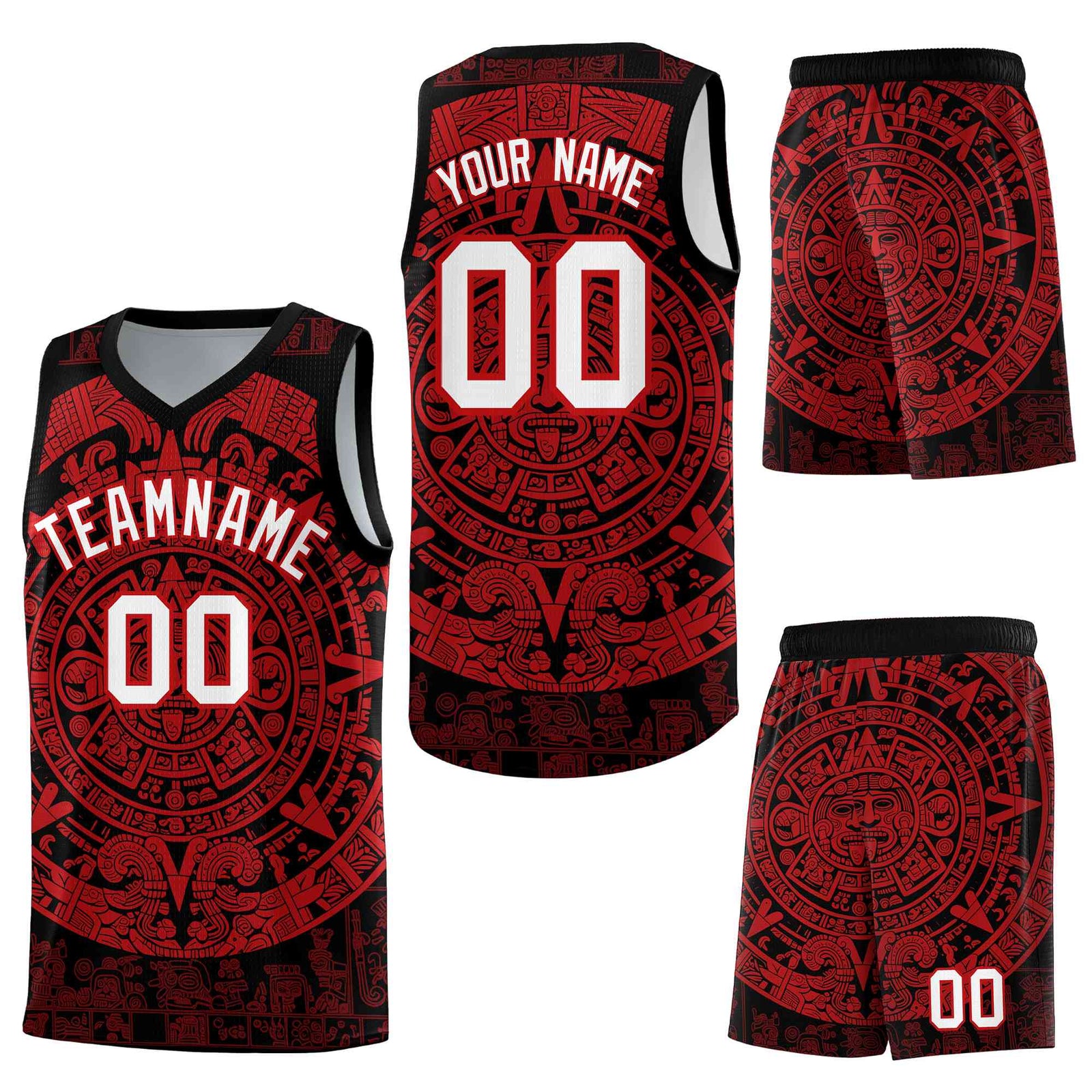 Custom Black Red Aztec Sun Stone Graffiti Pattern Drapable Uniform Basketball Jersey