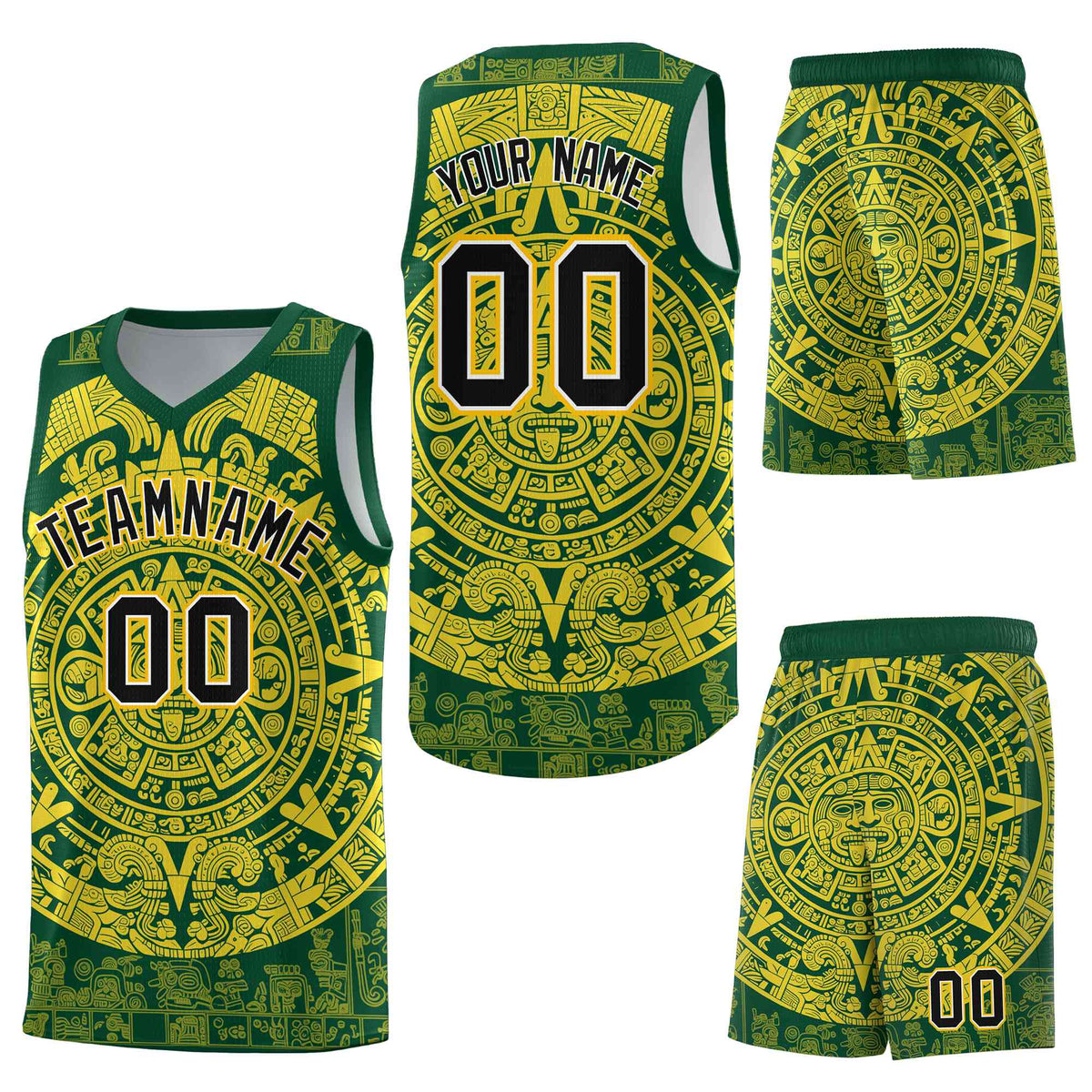 Custom Green Gold Aztec Sun Stone Graffiti Pattern Quick-Drying Uniform Basketball Jersey