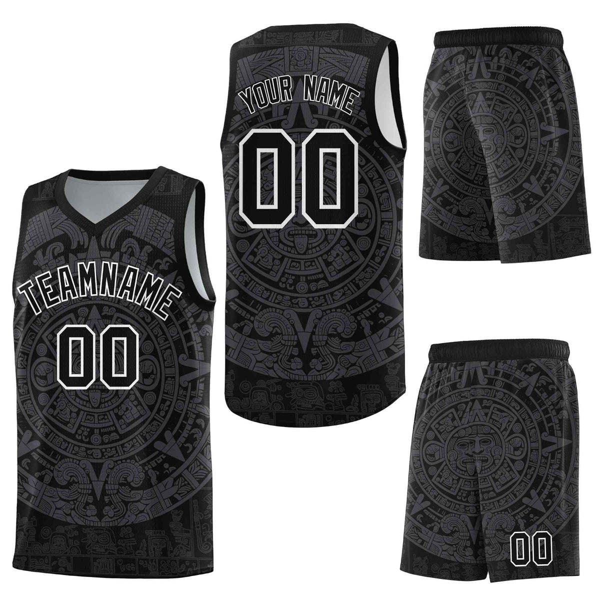Custom Black Gray Aztec Sun Stone Graffiti Pattern Wrinkle-Resistant Uniform Basketball Jersey