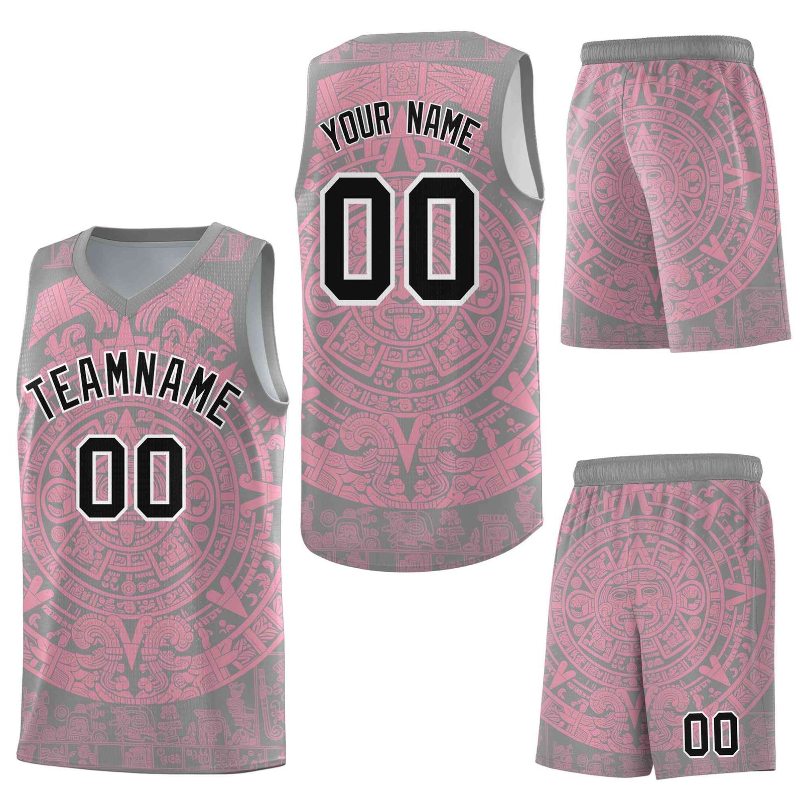 Custom Gray Light Pink Aztec Sun Stone Graffiti Pattern Breathable Uniform Basketball Jersey