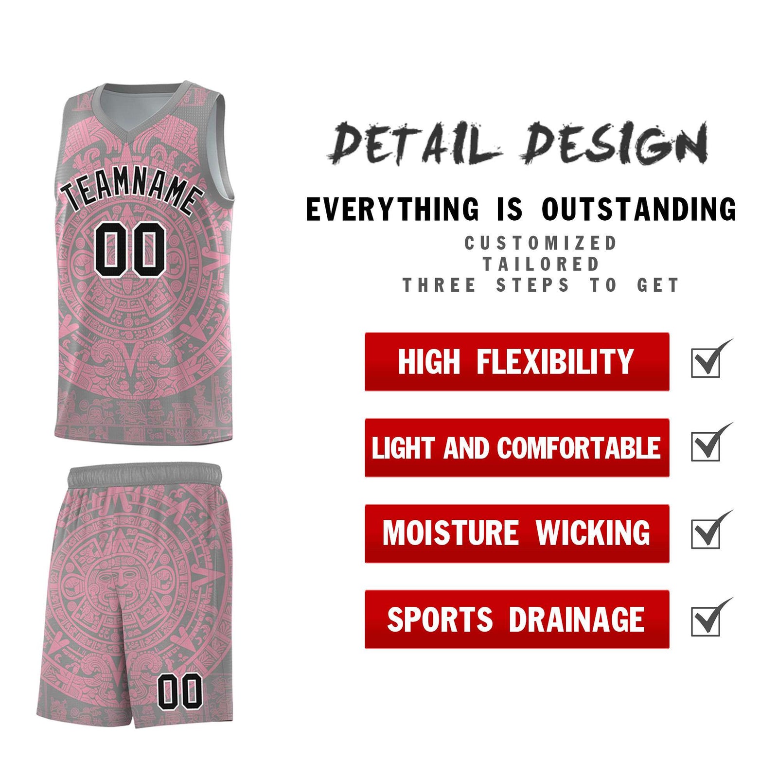 Custom Youth Basketball Jerseys Light Pink Aztec Sun Stone Pattern Custom Team Set