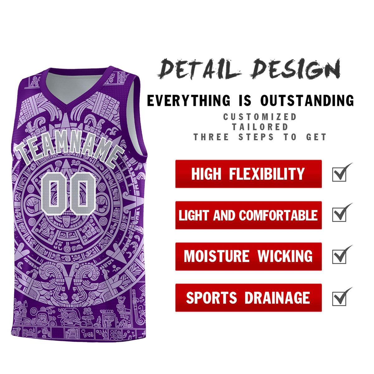 Custom Youth Basketball Jerseys Light Purple Aztec Sun Stone Pattern Custom Team Set