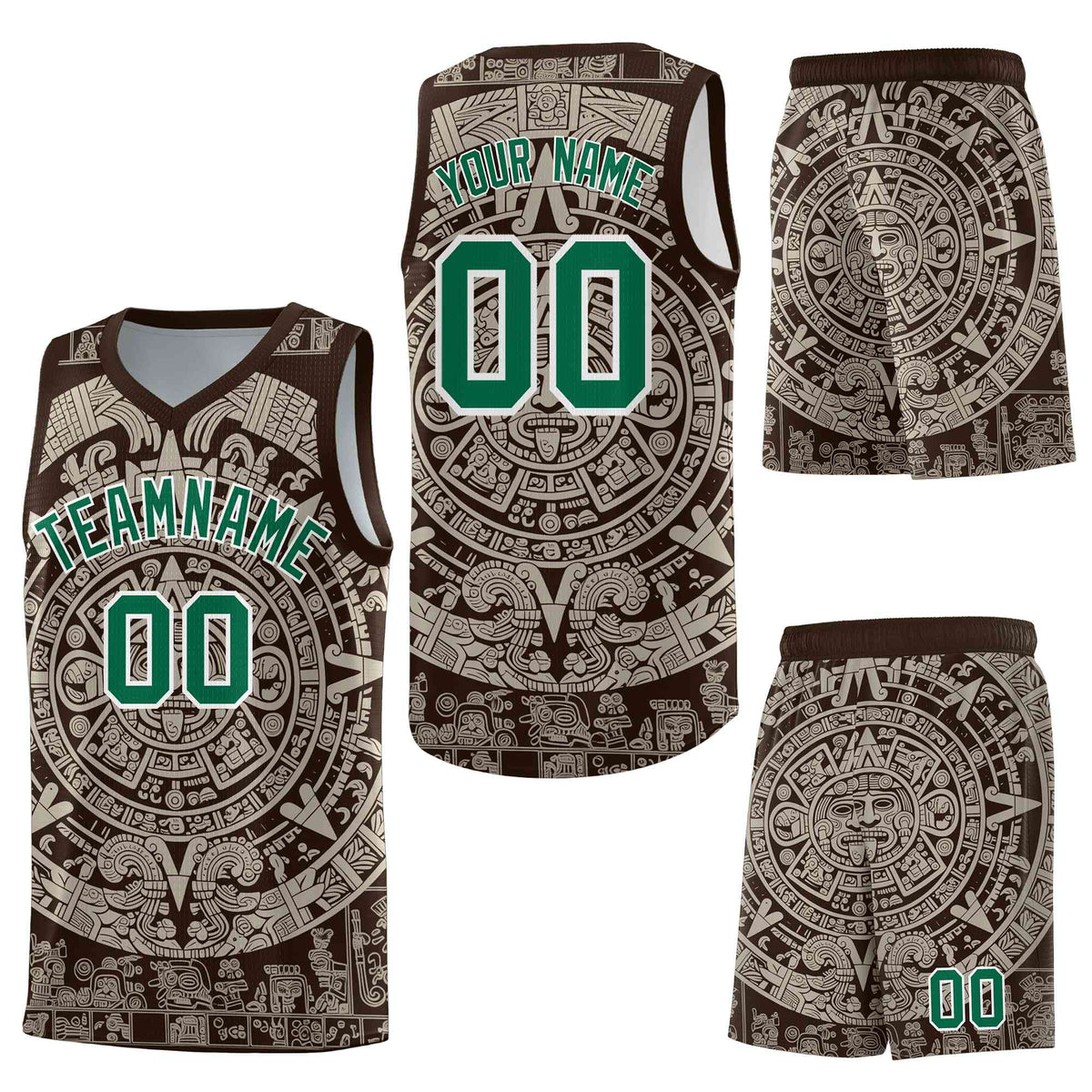 Custom Brown Light Khaki Aztec Sun Stone Graffiti Pattern Drapable Uniform Basketball Jersey