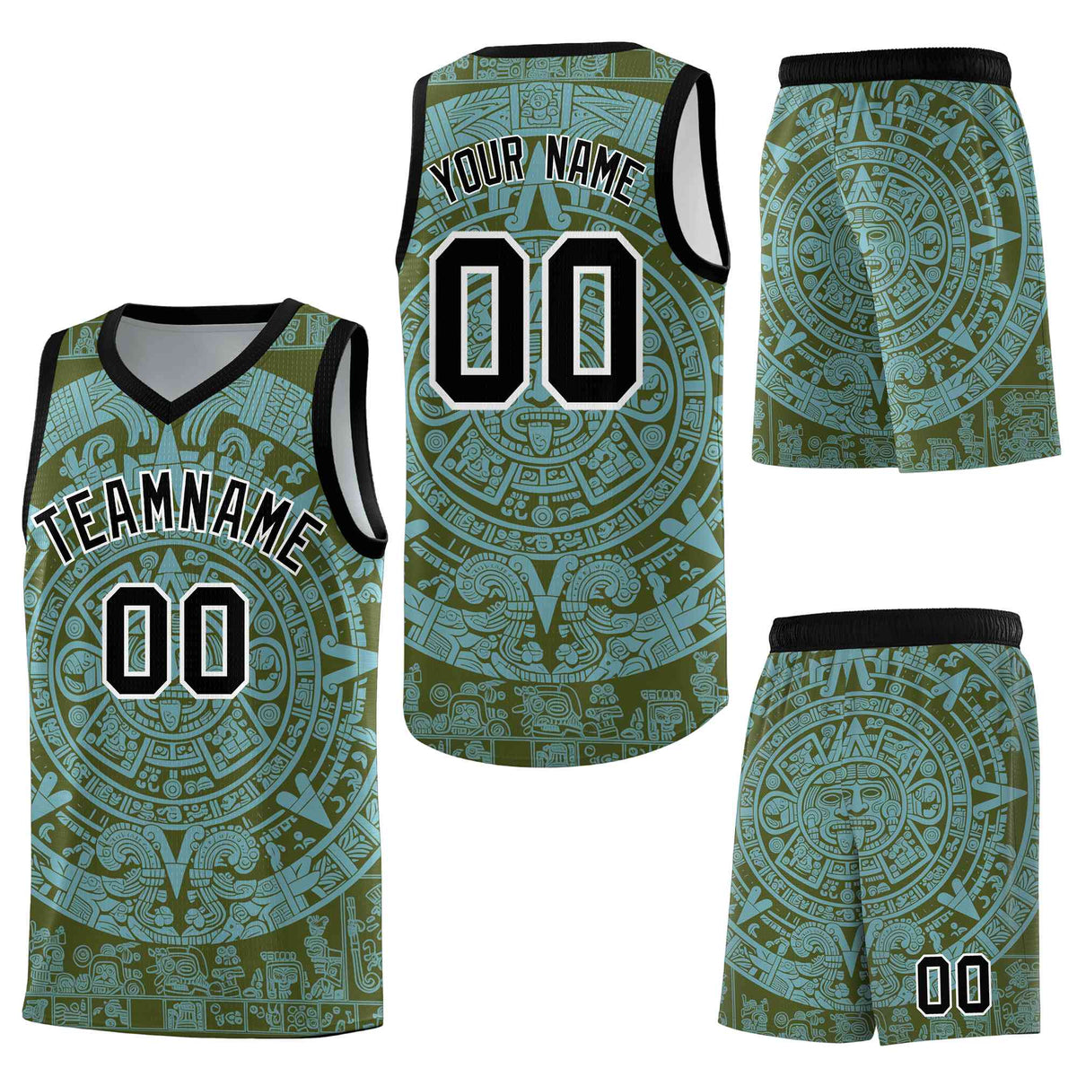 Custom Olive Sky Blue Aztec Sun Stone Graffiti Pattern Breathable Uniform Basketball Jersey