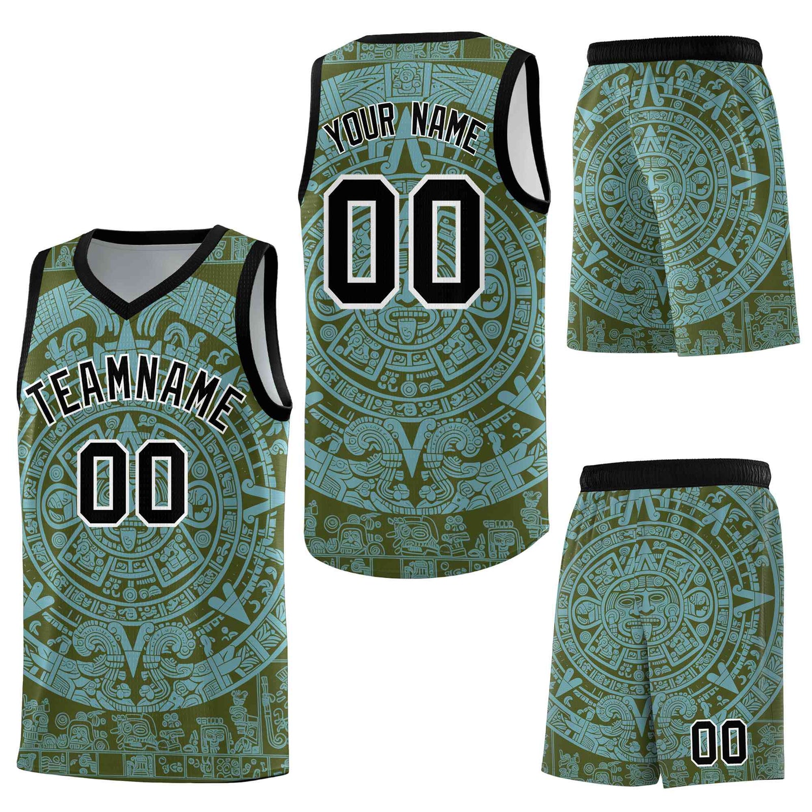 Custom Olive Sky Blue Aztec Sun Stone Graffiti Pattern Breathable Uniform Basketball Jersey