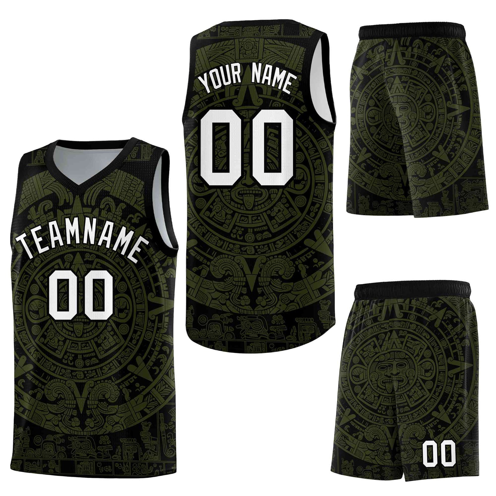 Custom Black Olive Aztec Sun Stone Graffiti Pattern Quick-Drying Uniform Basketball Jersey