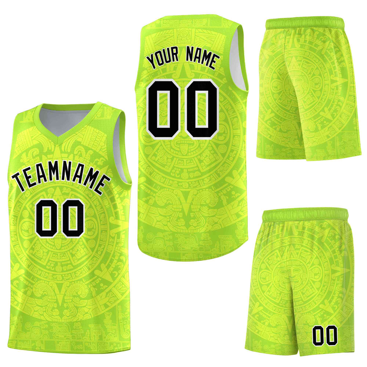 Custom Neon Green Fluorescent Green Aztec Sun Stone Graffiti Pattern Lightweight Uniform Basketball Jersey