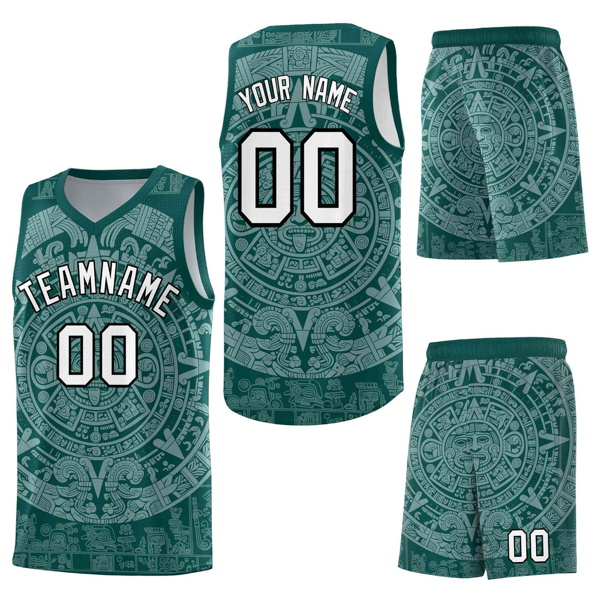 Custom Midnight Green White Aztec Sun Stone Graffiti Pattern Wrinkle-Resistant Uniform Basketball Jersey