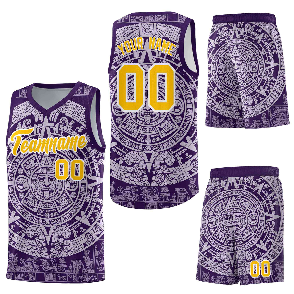 Custom Purple Light Purple Aztec Sun Stone Graffiti Pattern Quick-Drying Uniform Basketball Jersey